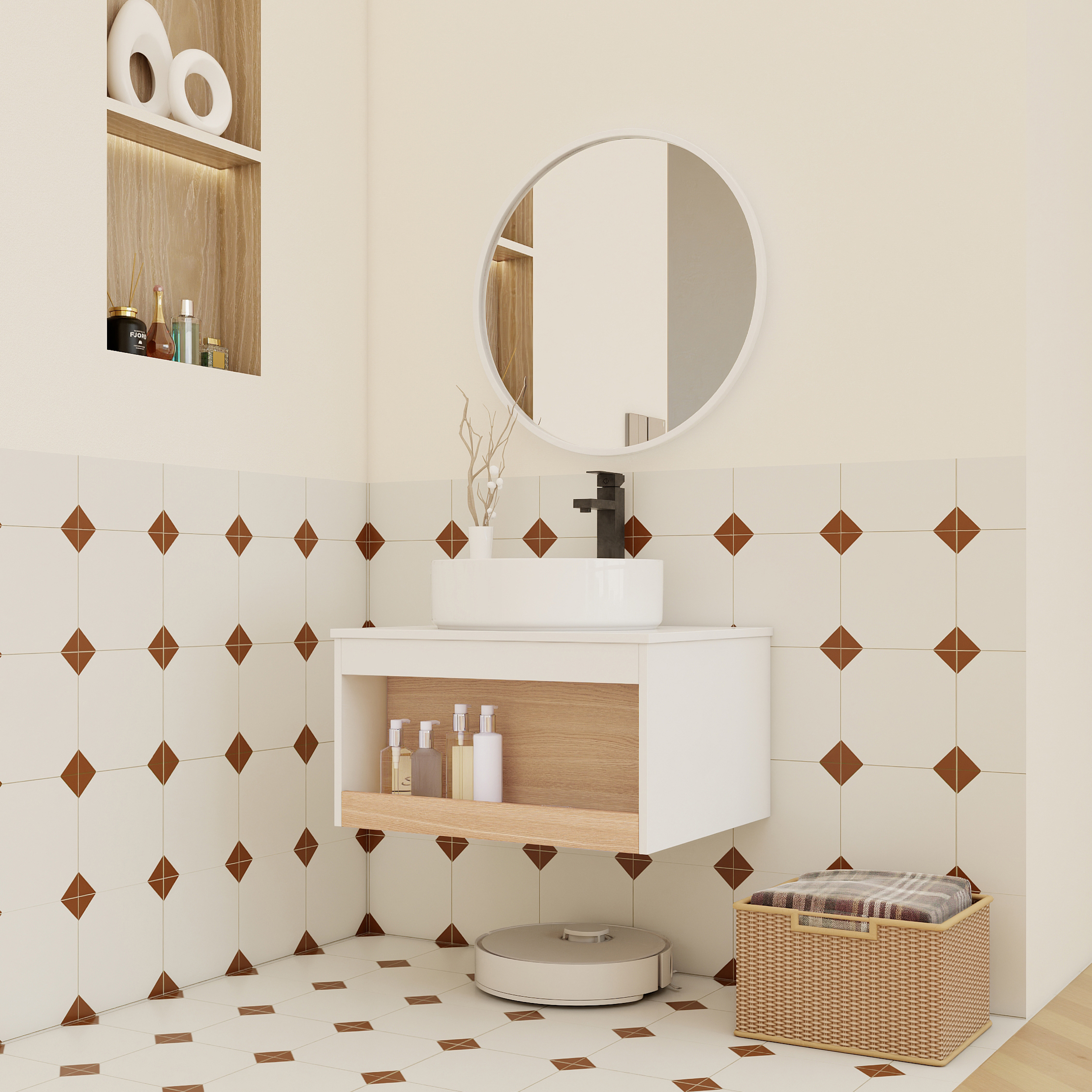 24" Modern Floating Bathroom Vanity with Glossy White Vessel Sink - Wall-Mounted Open Shelf Storage, Space-Saving Plywood Cabinet for Small Powder Rooms