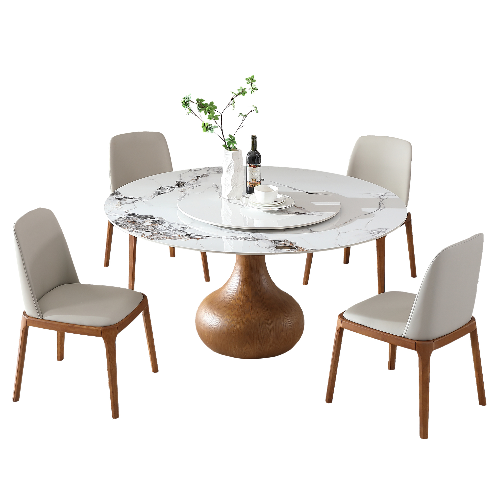 59" Round Sintered Stone Dining Table Set with Lazy Susan, Modern Marble Kitchen Table & 4 Upholstered Chairs, Luxury Pedestal Base for Small Spaces