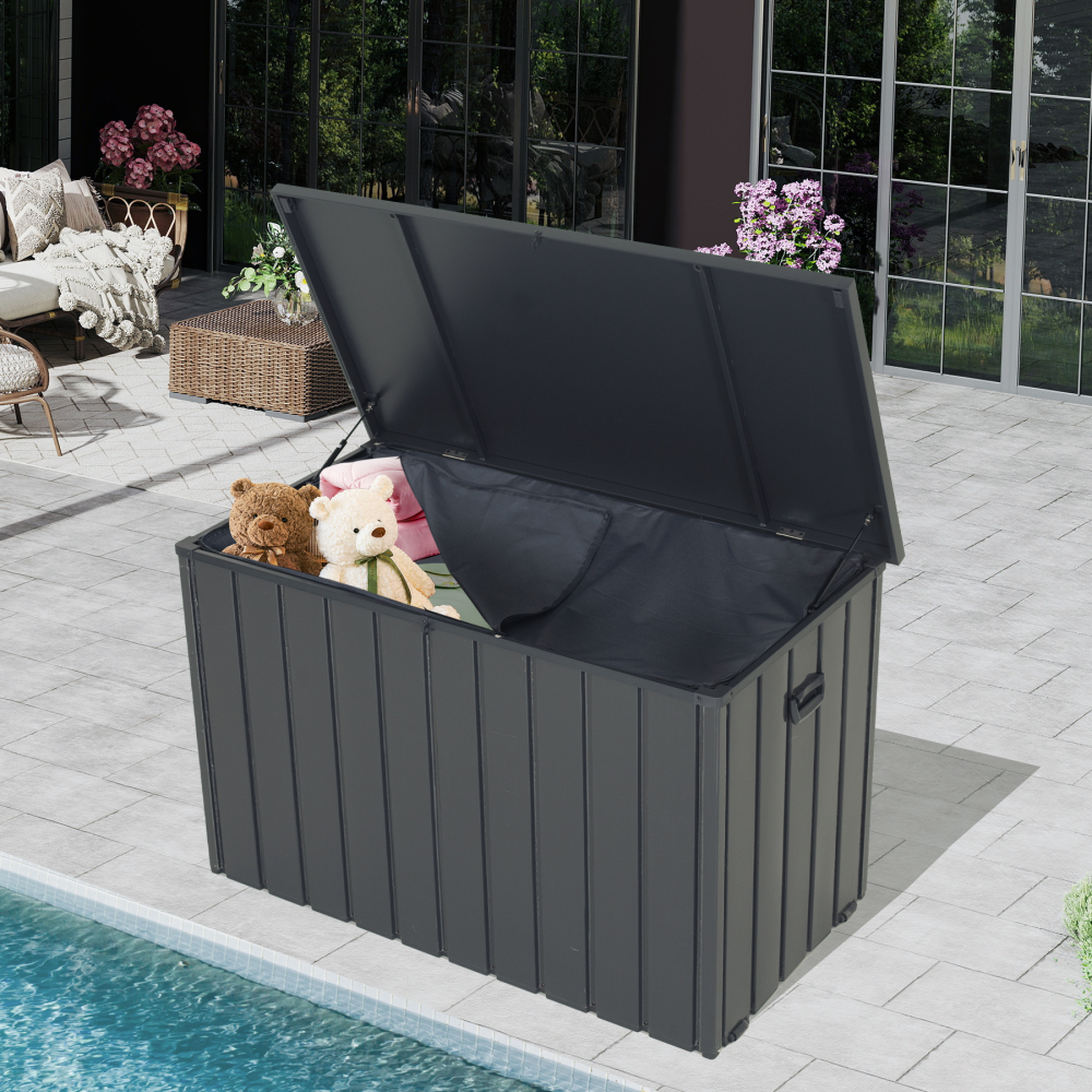 200 Gallon Large Metal Outdoor Storage Box with Waterproof Liner - Lockable Gray Deck Box for Patio, Garden & Poolside