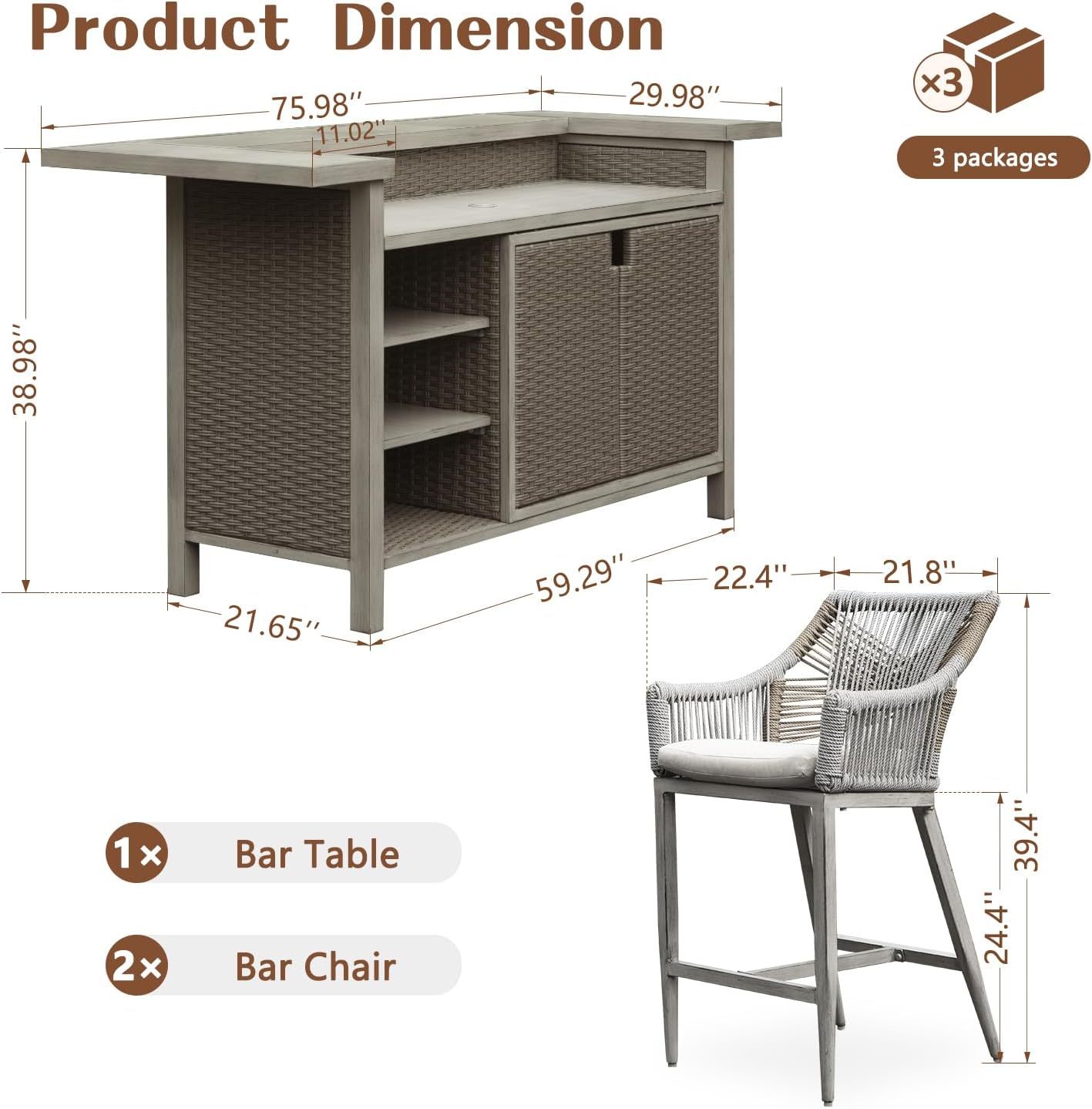 3-Piece Outdoor Bar Set with Propane Tank Holder, All-Weather Wicker Patio Bar Table & 2 Counter Height Stools, Gray Aluminum Farmhouse Kitchen Island for Garden and Deck