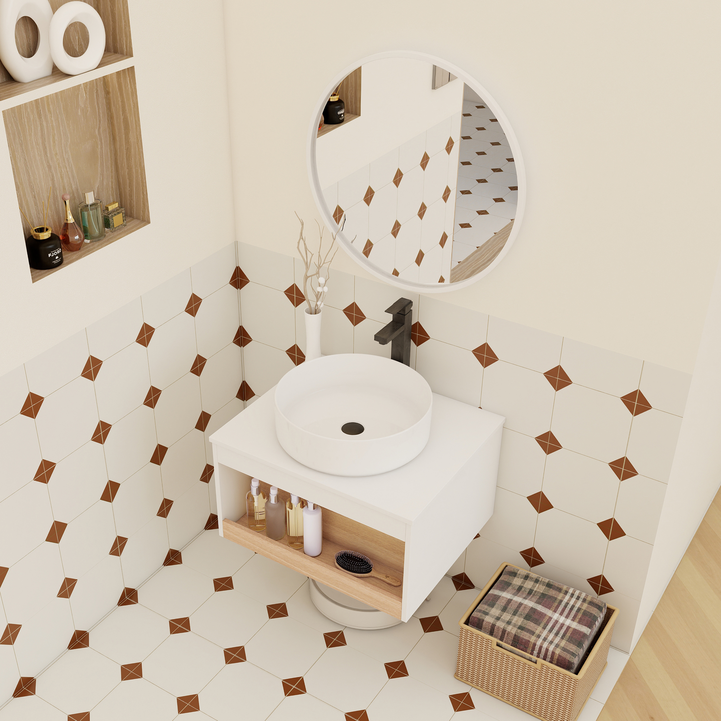 24" Modern Floating Bathroom Vanity with Glossy White Vessel Sink - Wall-Mounted Open Shelf Storage, Space-Saving Plywood Cabinet for Small Powder Rooms