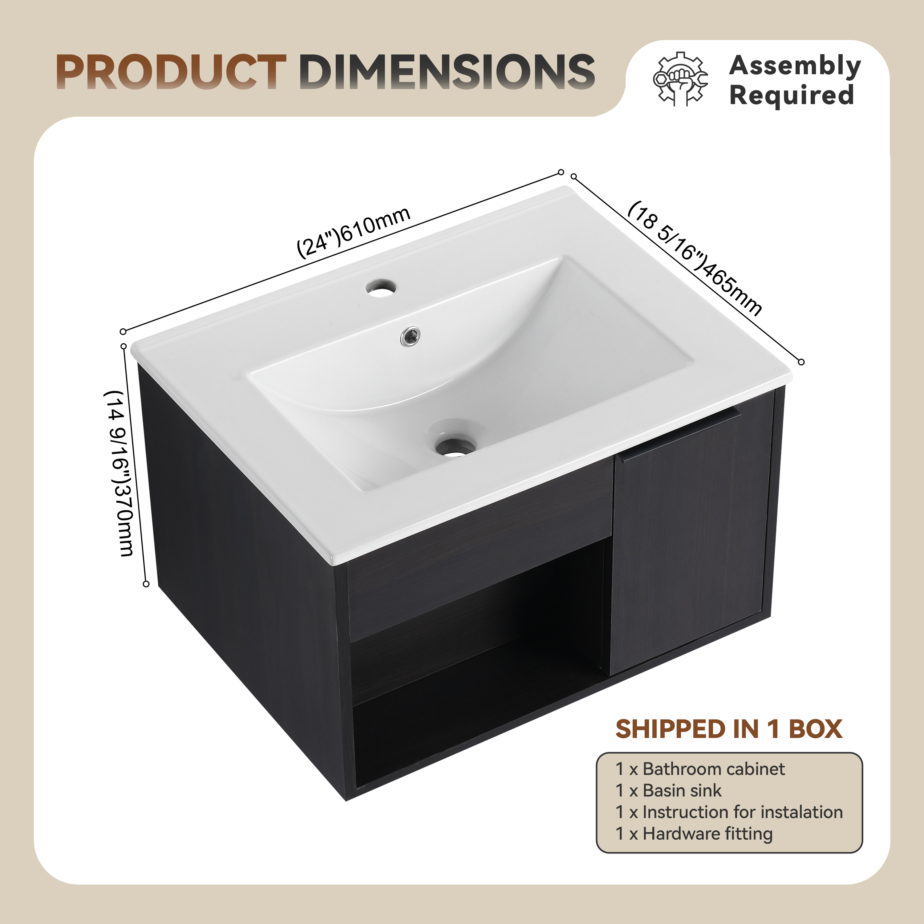 24" Wall-Mounted Floating Bathroom Vanity with Ceramic Sink - Modern Dark Oak Engineered Wood Cabinet, Space-Saving Design for Small Bathrooms