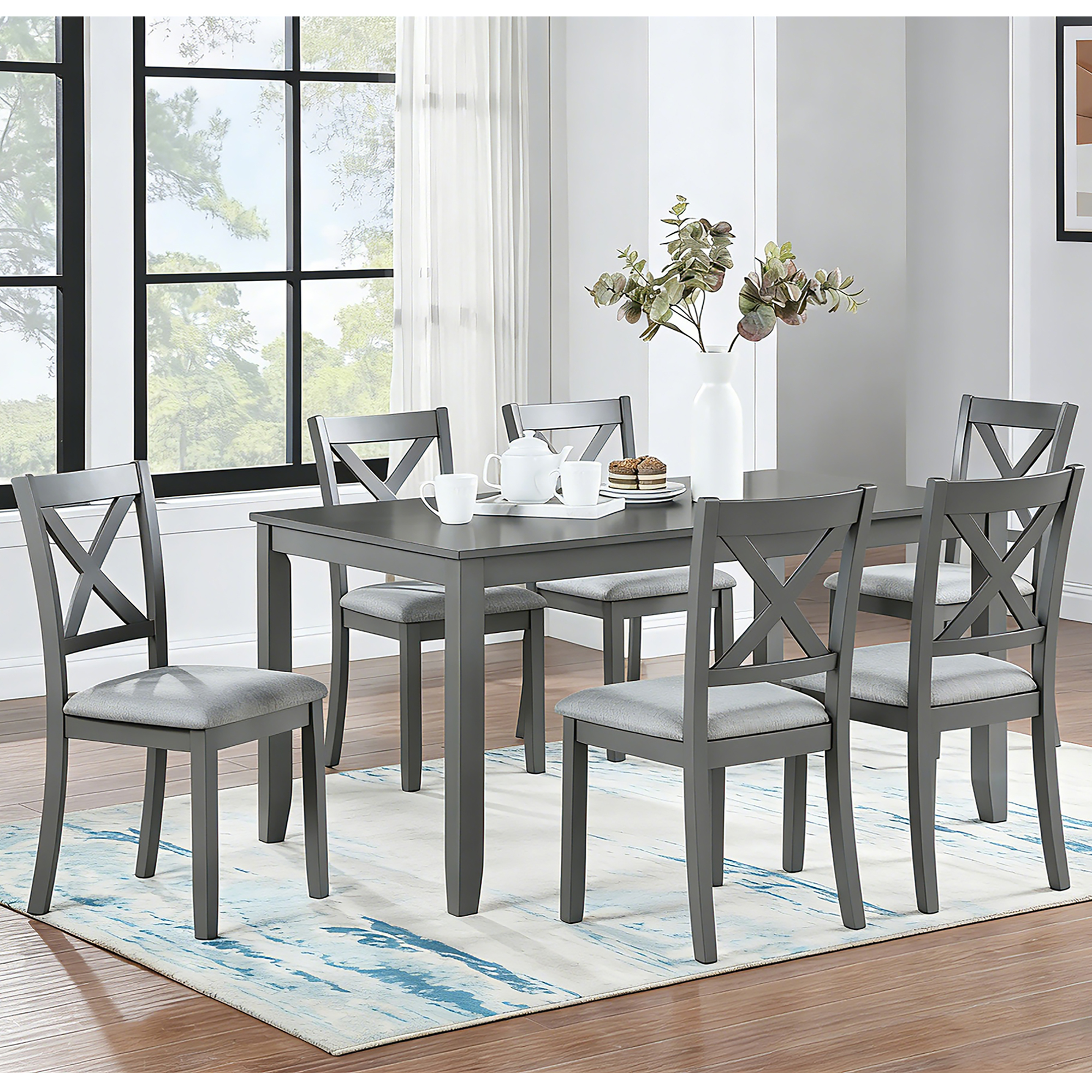 7-Piece Solid Wood Dining Set, Modern Grey Kitchen Table with 6 Upholstered X-Back Chairs