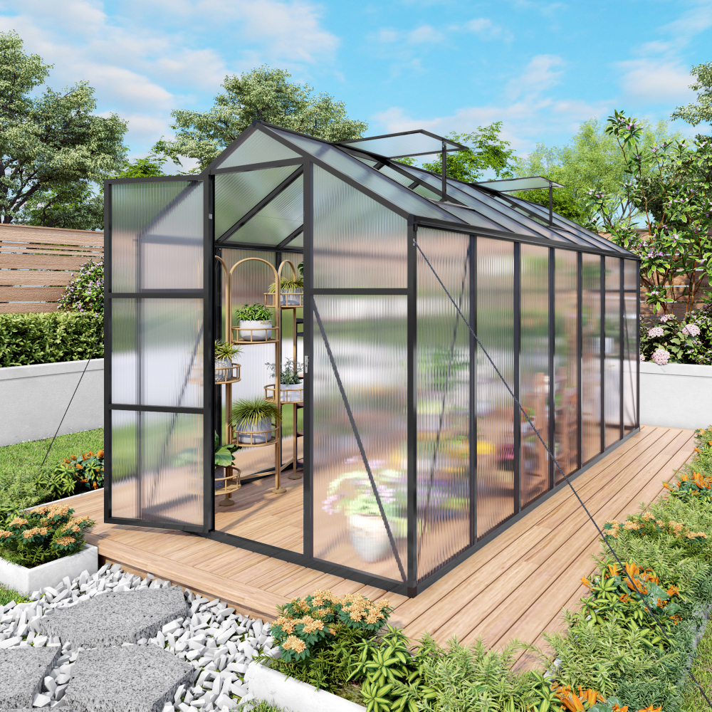 6x14FT Walk-in Outdoor Greenhouse - Heavy Duty Polycarbonate Garden House with UV Protection, Adjustable Vents & Lockable Door for Backyard Planting