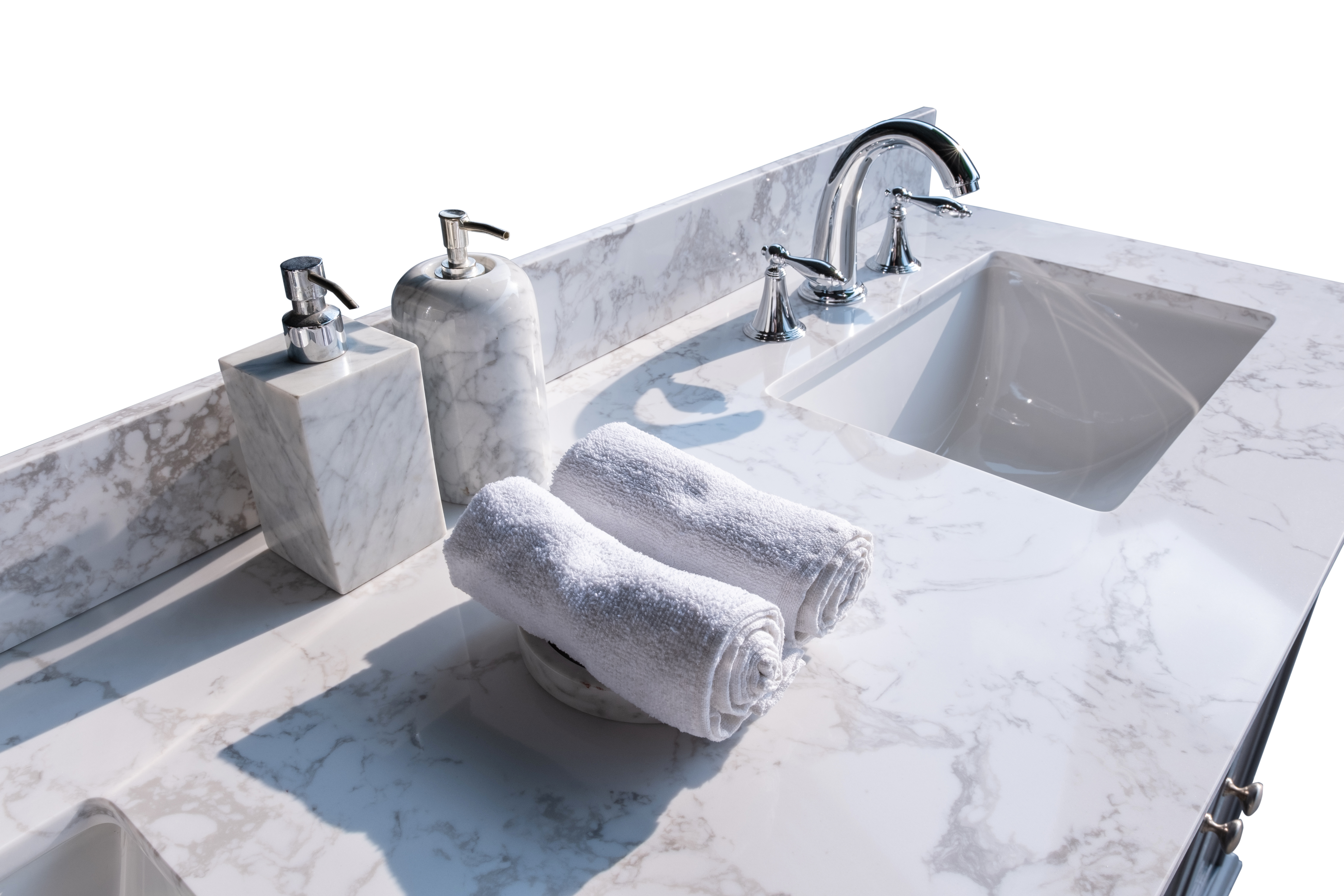 Montary Carrara White Engineered Stone Vanity Top Side Backsplash - Elegant Marble Look Bathroom Accent