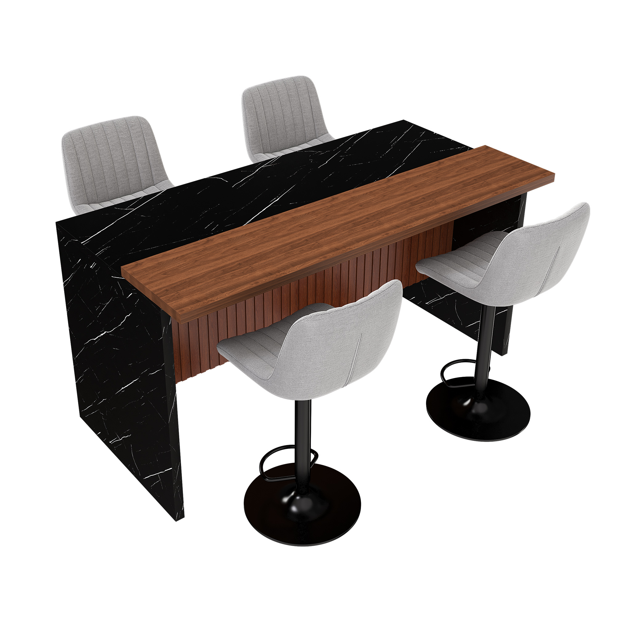 63" Modern Kitchen Island Set with LED Lighting & Marble Look - Walnut/Black Dining Table with 4 Gray Bar Stools