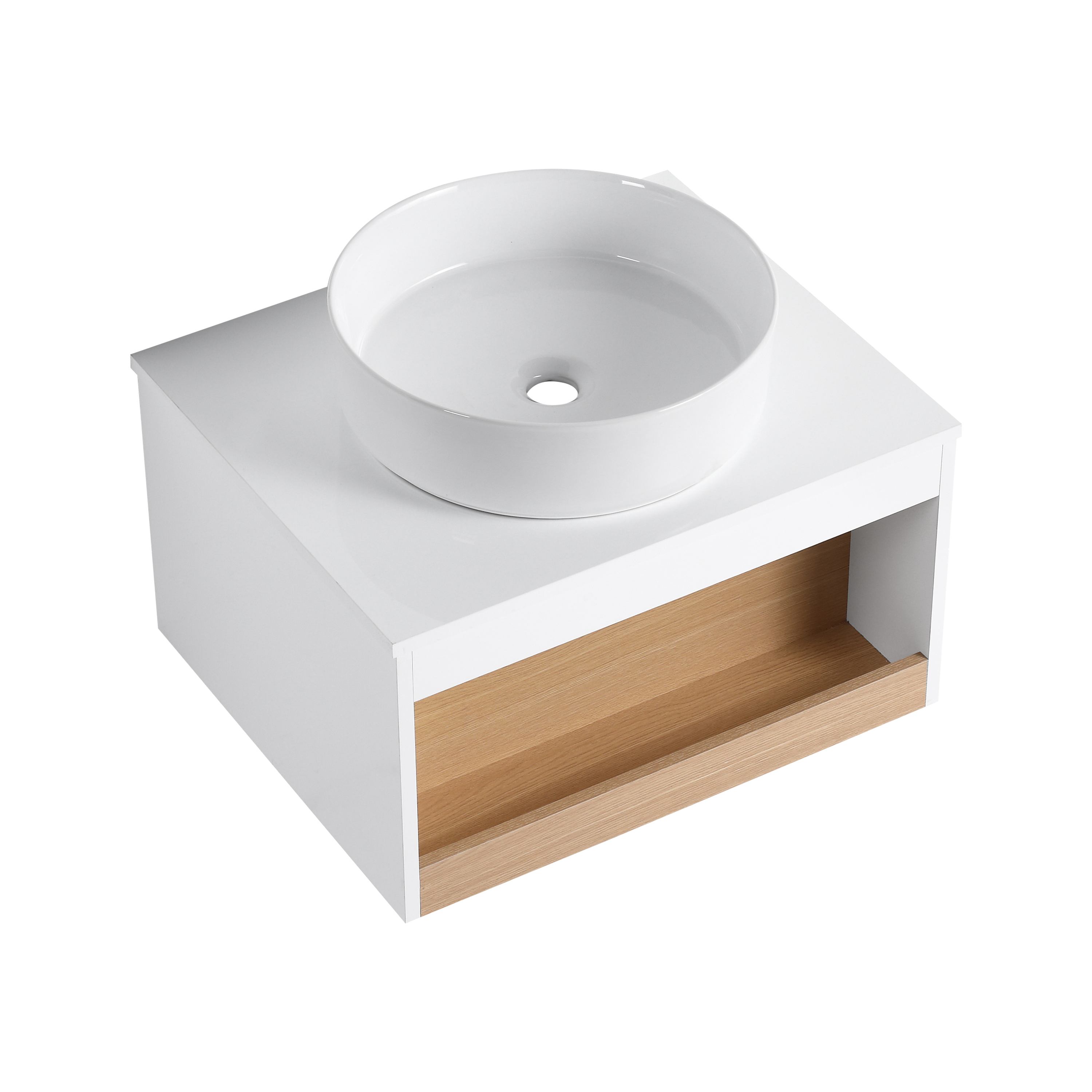 24" Modern Floating Bathroom Vanity with Glossy White Vessel Sink - Wall-Mounted Open Shelf Storage, Space-Saving Plywood Cabinet for Small Powder Rooms