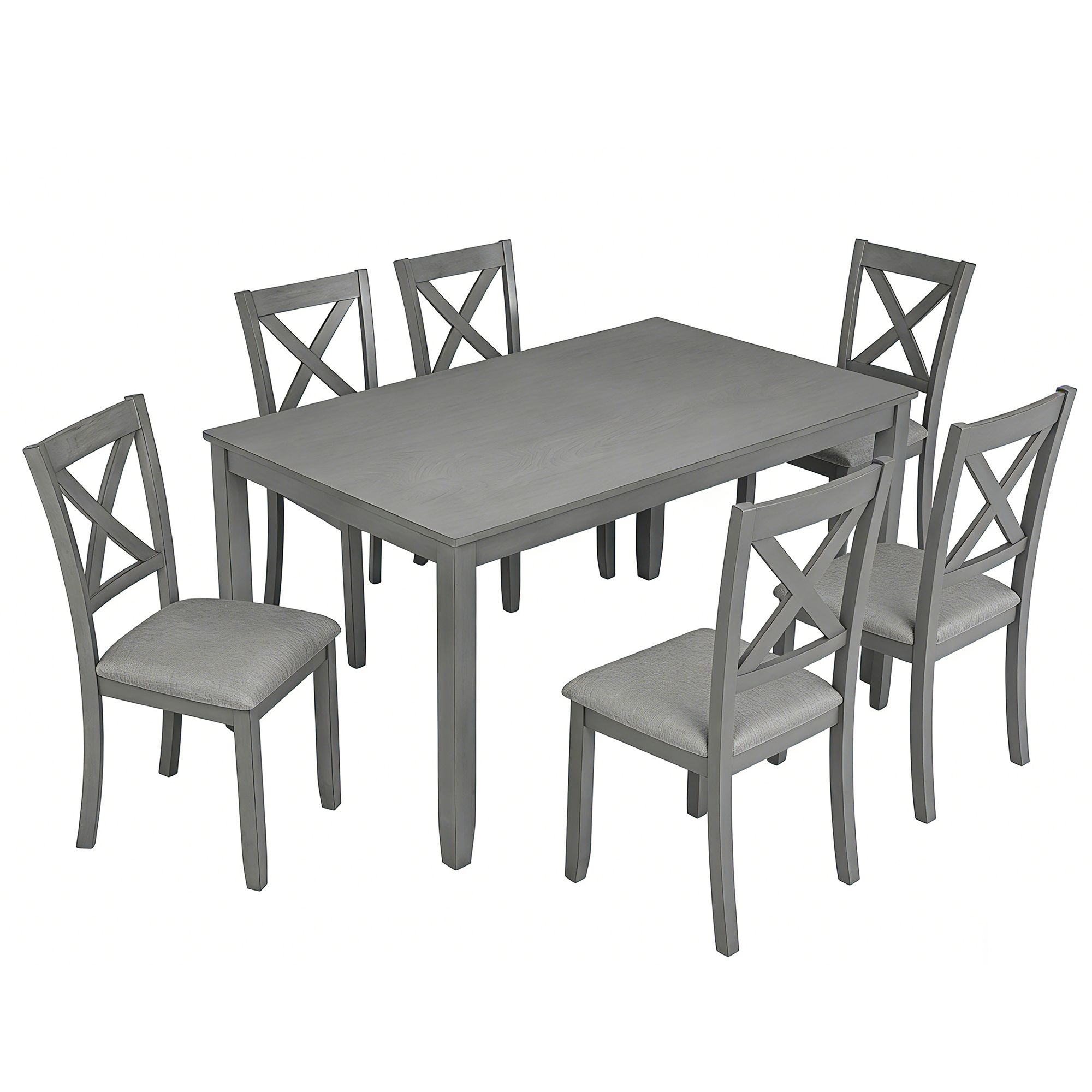 7-Piece Solid Wood Dining Set, Modern Grey Kitchen Table with 6 Upholstered X-Back Chairs