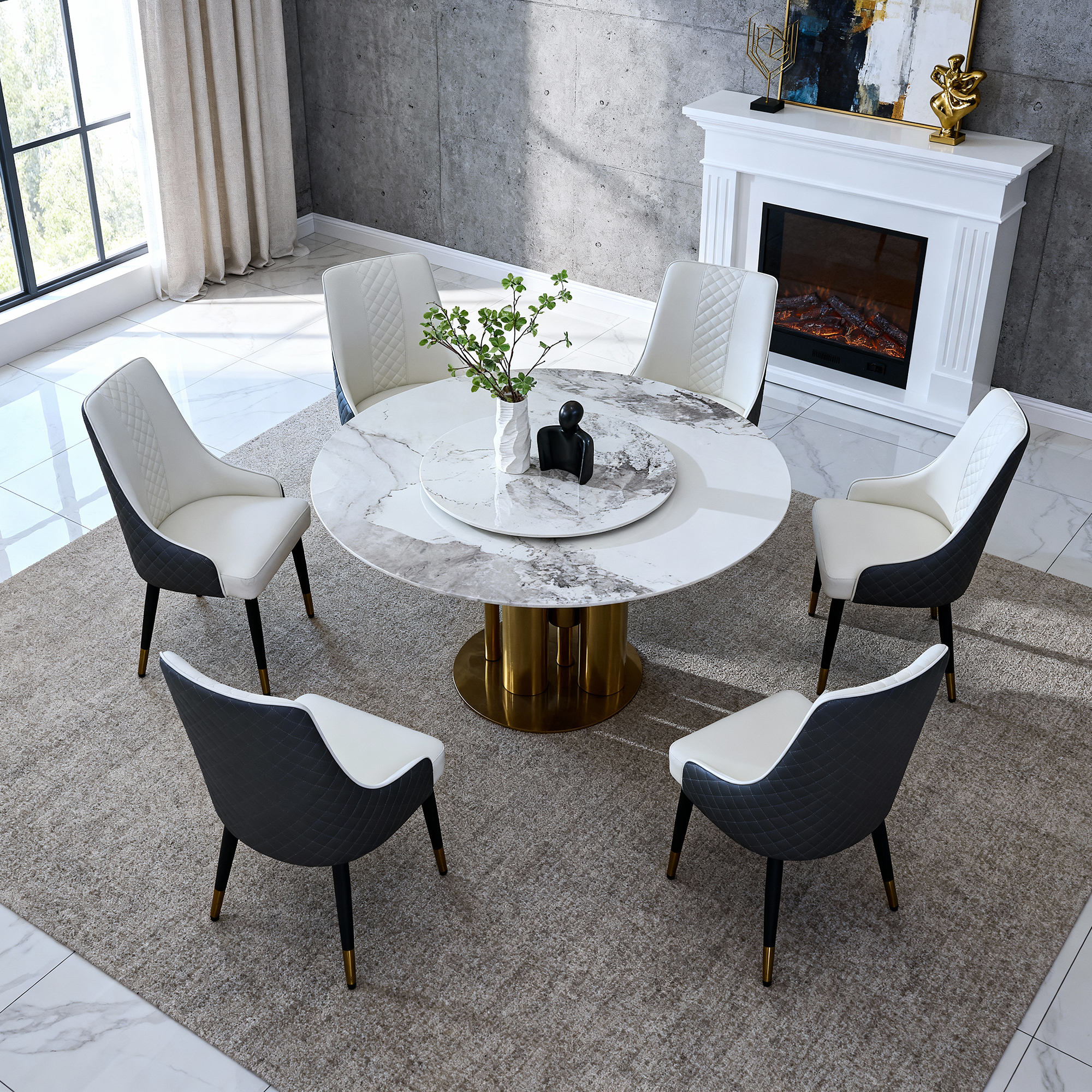 59" Round Dining Table Set with 360° Rotating Lazy Susan & 8 Chairs, Sintered Stone Top, Luxury Modern Kitchen Furniture