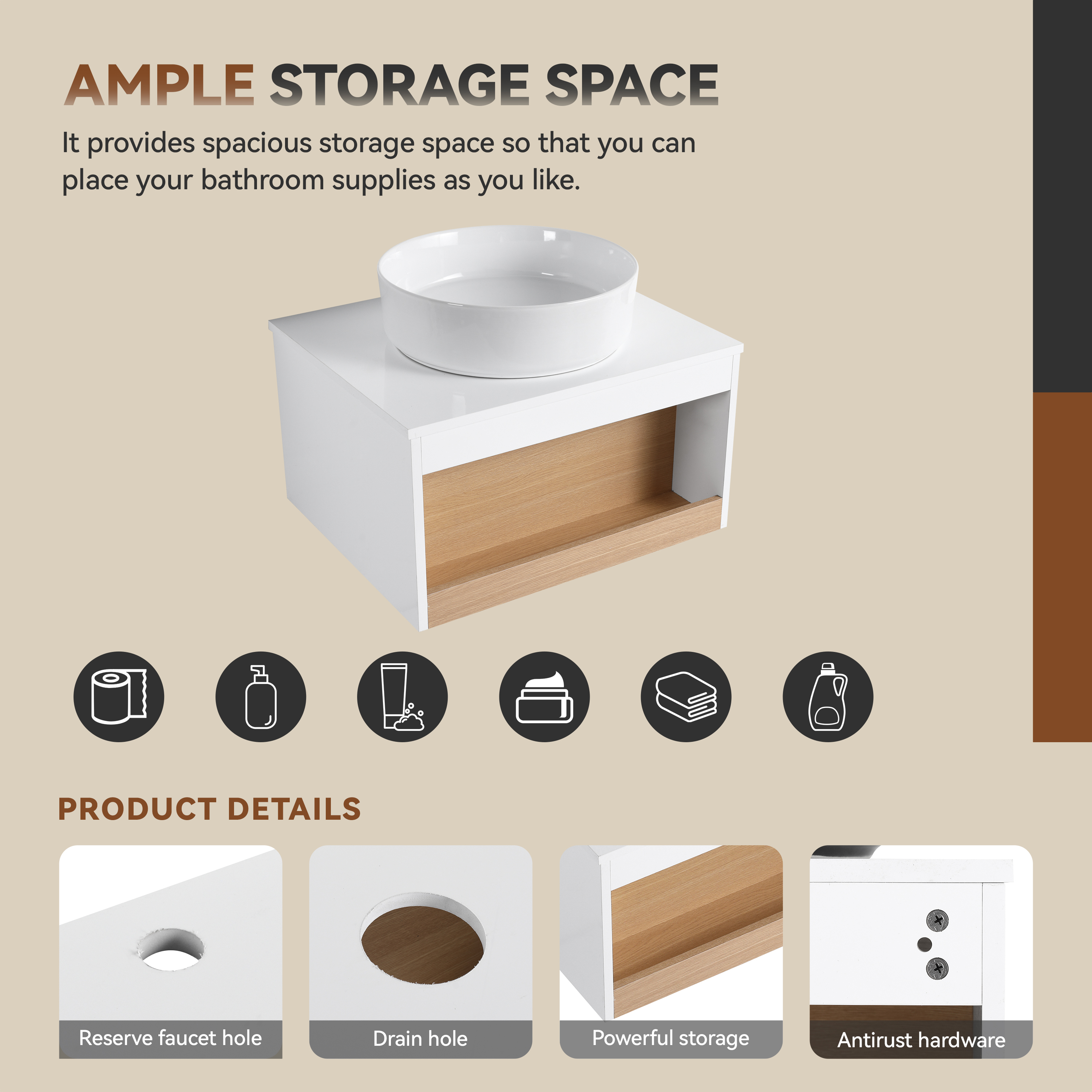 24" Modern Floating Bathroom Vanity with Glossy White Vessel Sink - Wall-Mounted Open Shelf Storage, Space-Saving Plywood Cabinet for Small Powder Rooms