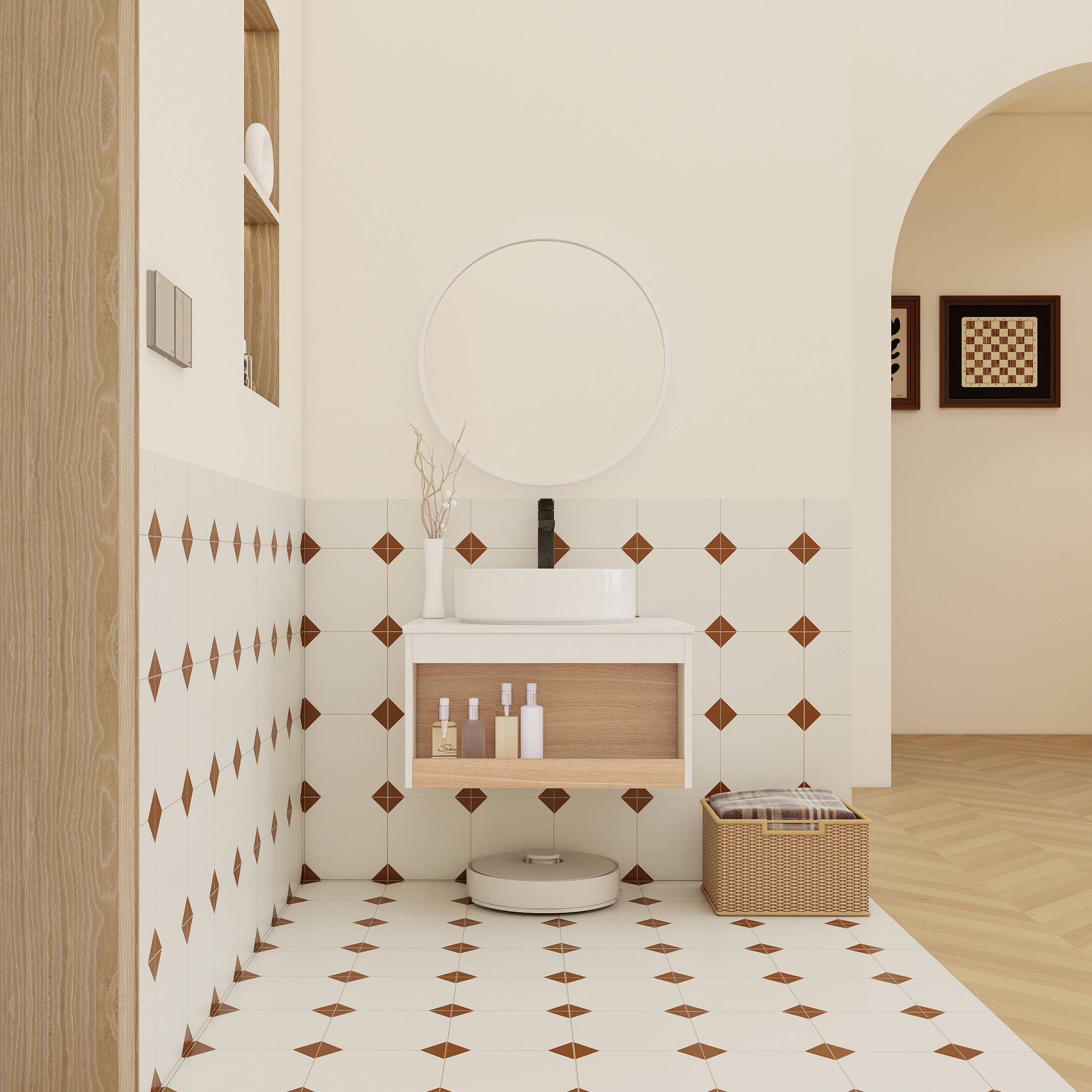 24" Modern Floating Bathroom Vanity with Glossy White Vessel Sink - Wall-Mounted Open Shelf Storage, Space-Saving Plywood Cabinet for Small Powder Rooms