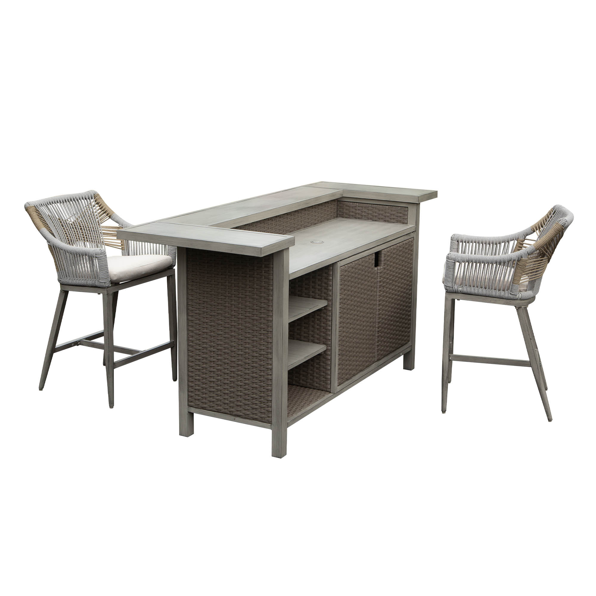 3-Piece Outdoor Bar Set with Propane Tank Holder, All-Weather Wicker Patio Bar Table & 2 Counter Height Stools, Gray Aluminum Farmhouse Kitchen Island for Garden and Deck