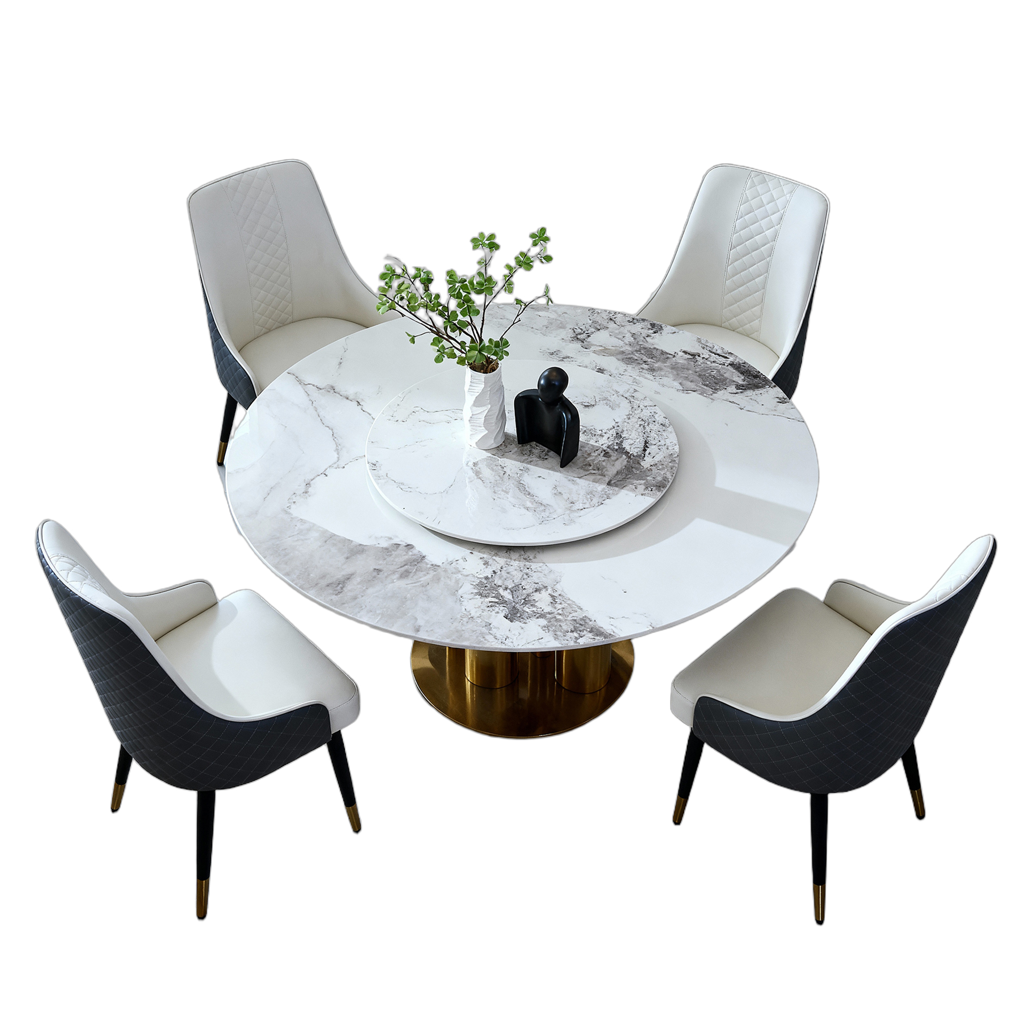 59" Round Dining Table Set with 360° Rotating Lazy Susan, Sintered Stone Top & Gold Base, Modern Luxury Kitchen Furniture for 4-6 People
