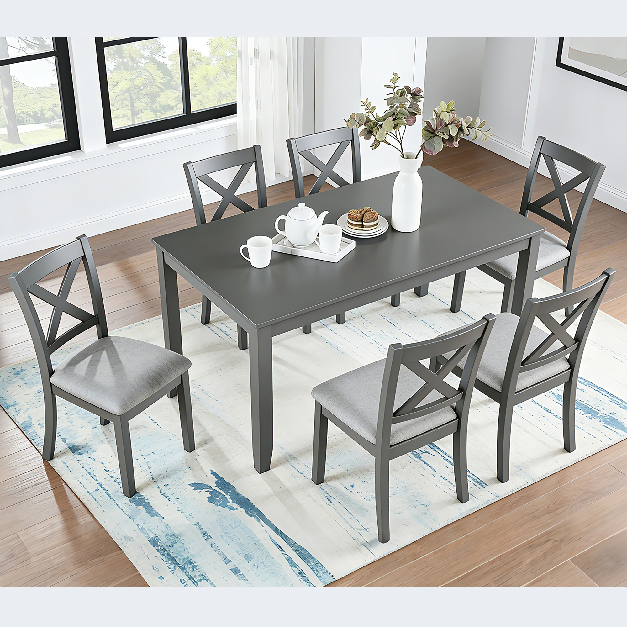 7-Piece Solid Wood Dining Set, Modern Grey Kitchen Table with 6 Upholstered X-Back Chairs