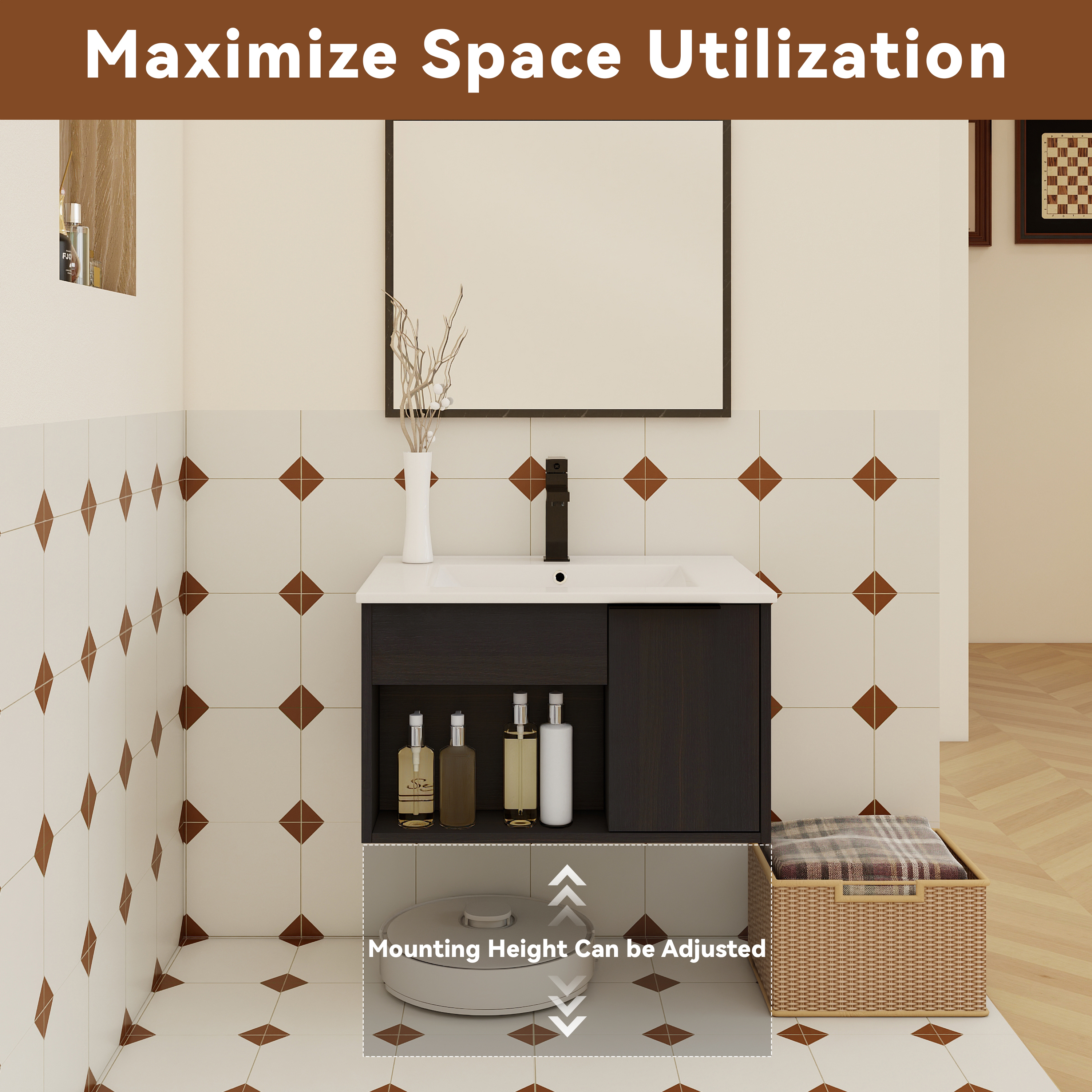24" Wall-Mounted Floating Bathroom Vanity with Ceramic Sink - Modern Dark Oak Engineered Wood Cabinet, Space-Saving Design for Small Bathrooms