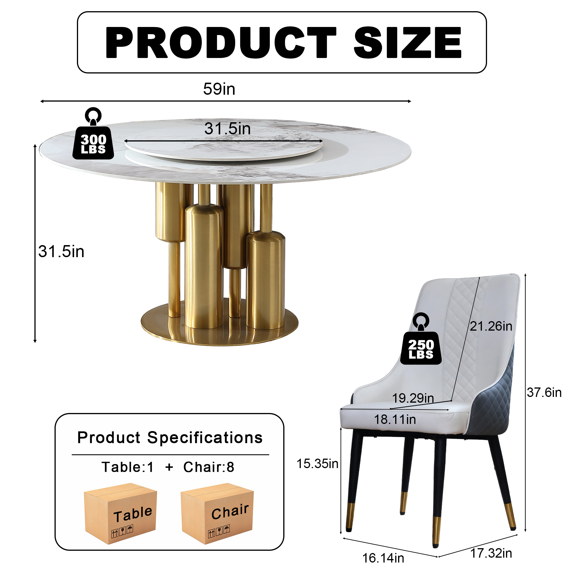 59" Round Dining Table Set with 360° Rotating Lazy Susan & 8 Chairs, Sintered Stone Top, Luxury Modern Kitchen Furniture