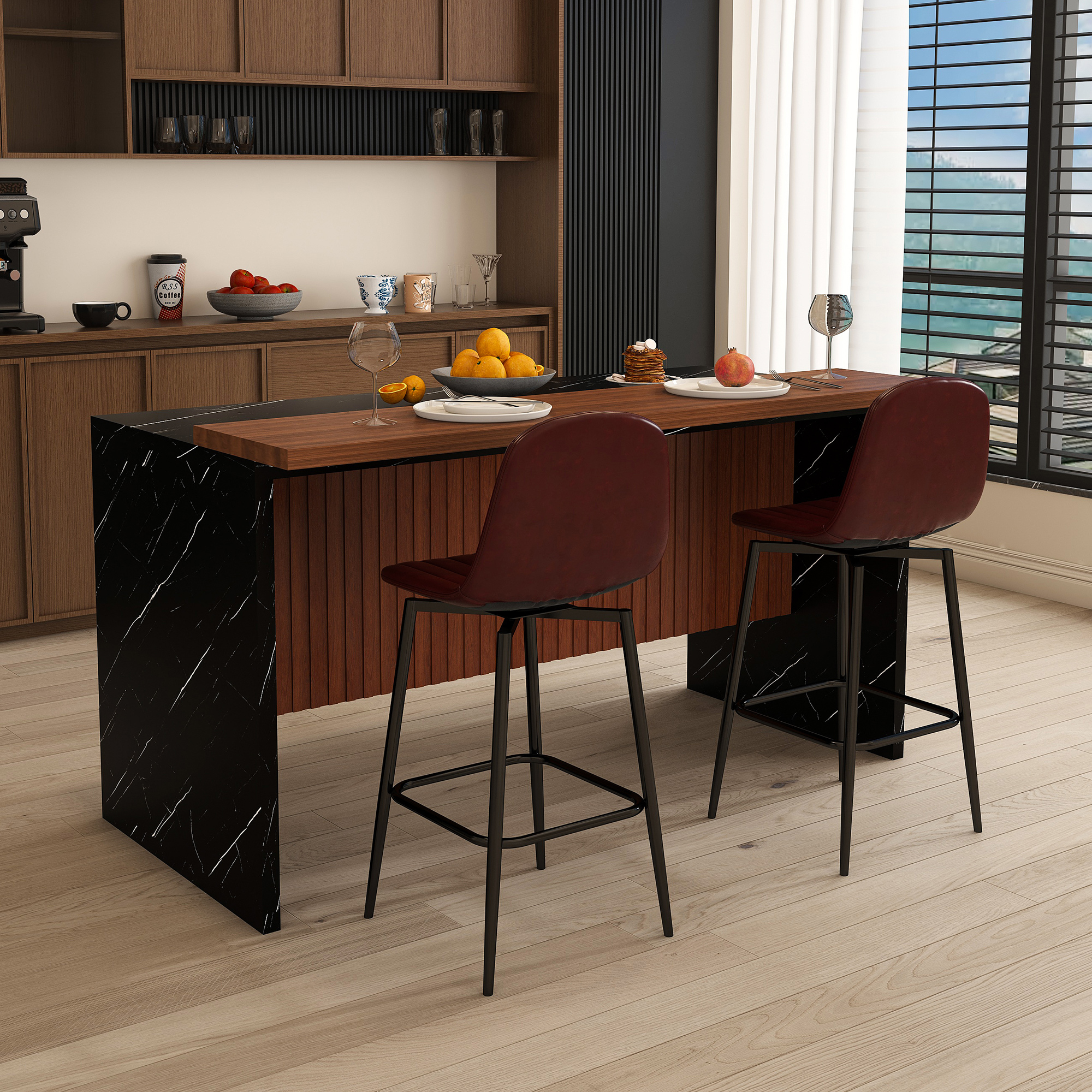 63-Inch Modern Kitchen Island Set with LED Lighting & 2 Bar Stools - Black Marble Look Dining Table for Open Concept Spaces