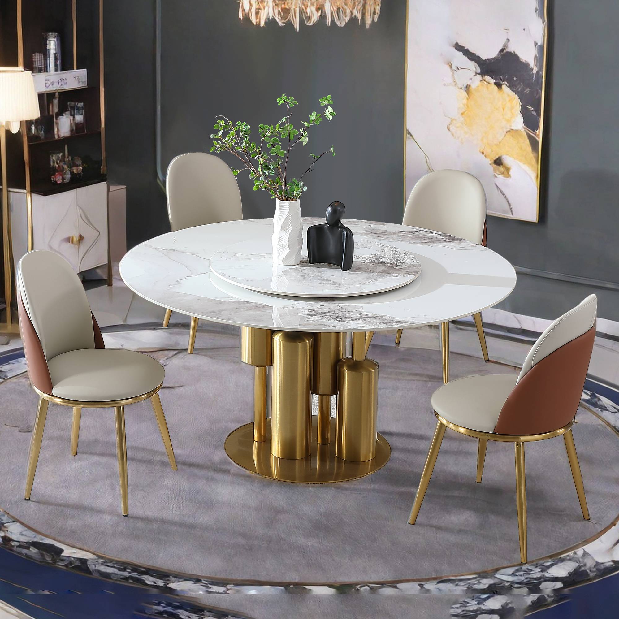 59" Round Sintered Stone Dining Table Set with Lazy Susan, Luxury Gold Pedestal Base & 4 Modern Chairs