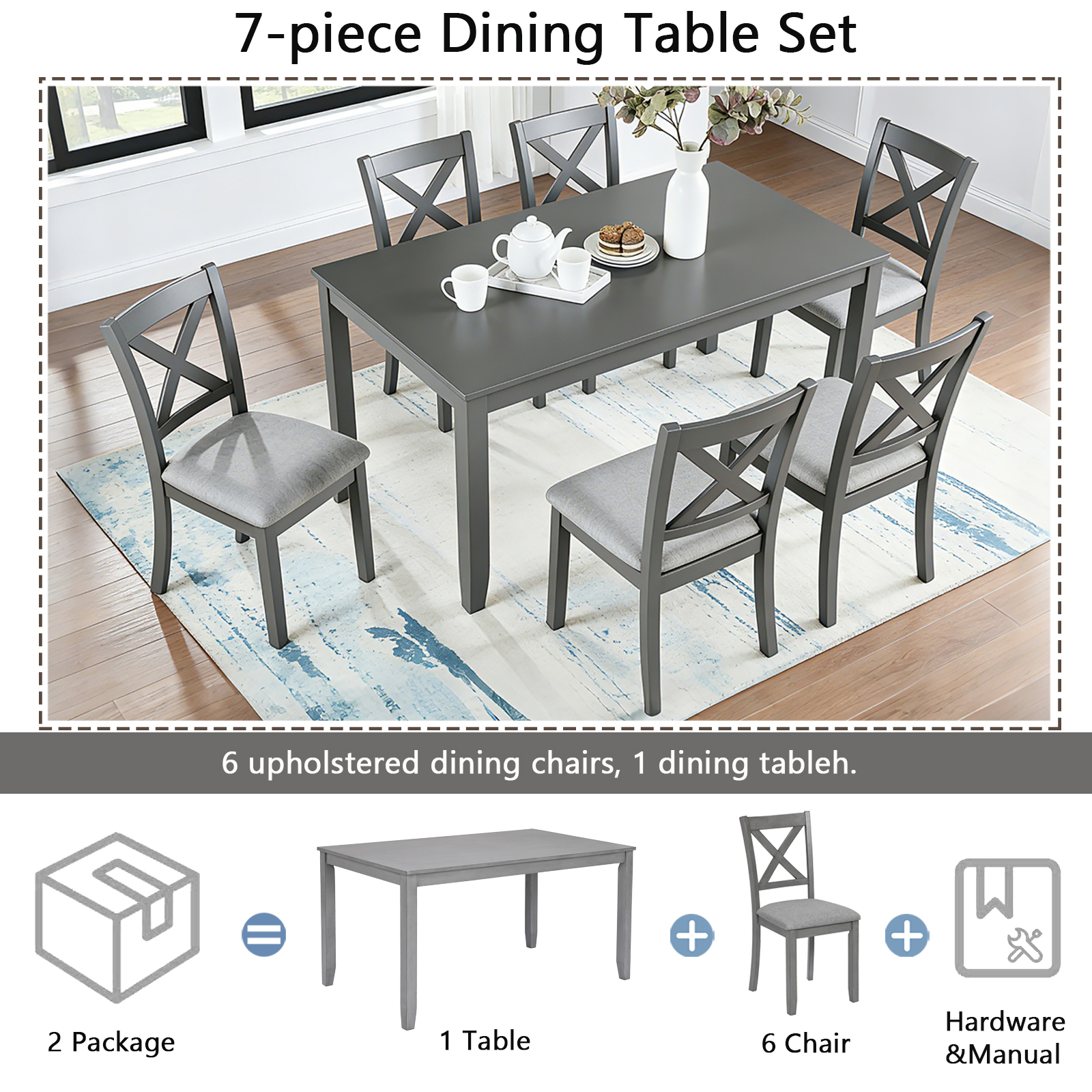 7-Piece Solid Wood Dining Set, Modern Grey Kitchen Table with 6 Upholstered X-Back Chairs