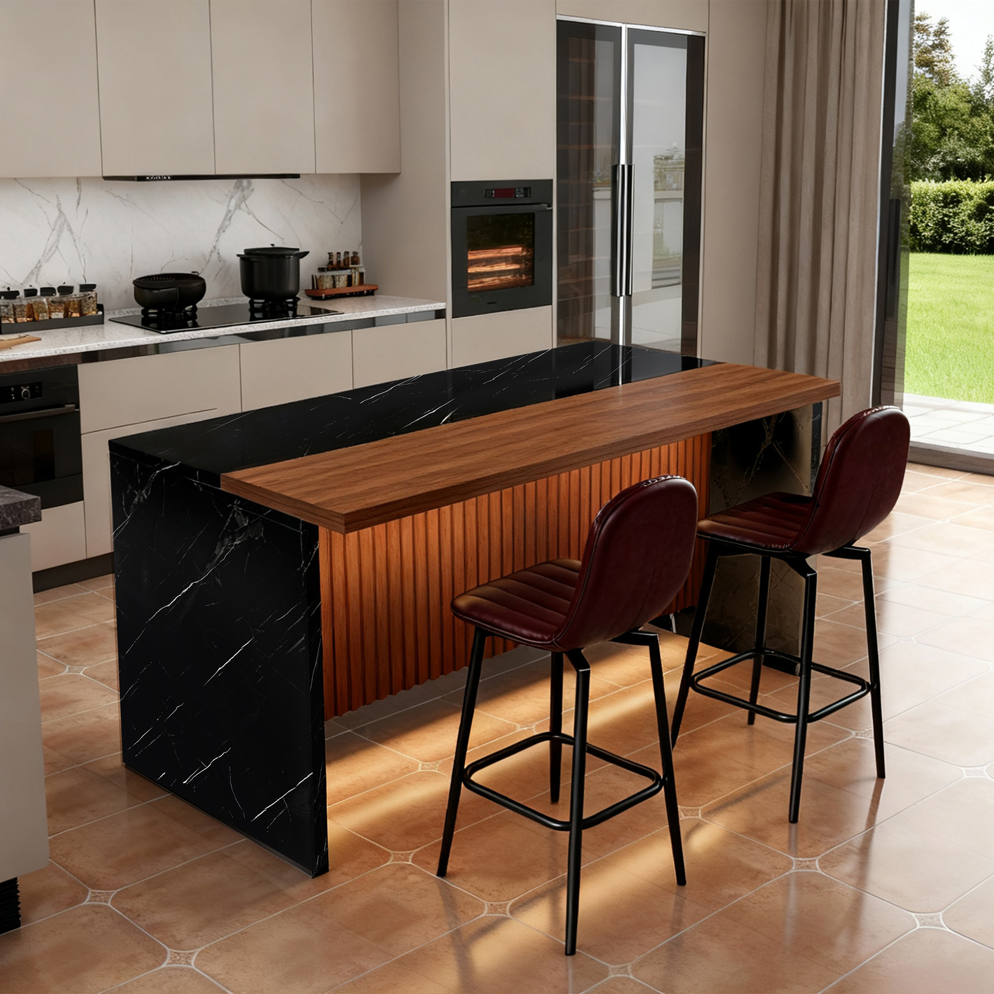 63-Inch Modern Kitchen Island Set with LED Lighting & 2 Bar Stools - Black Marble Look Dining Table for Open Concept Spaces