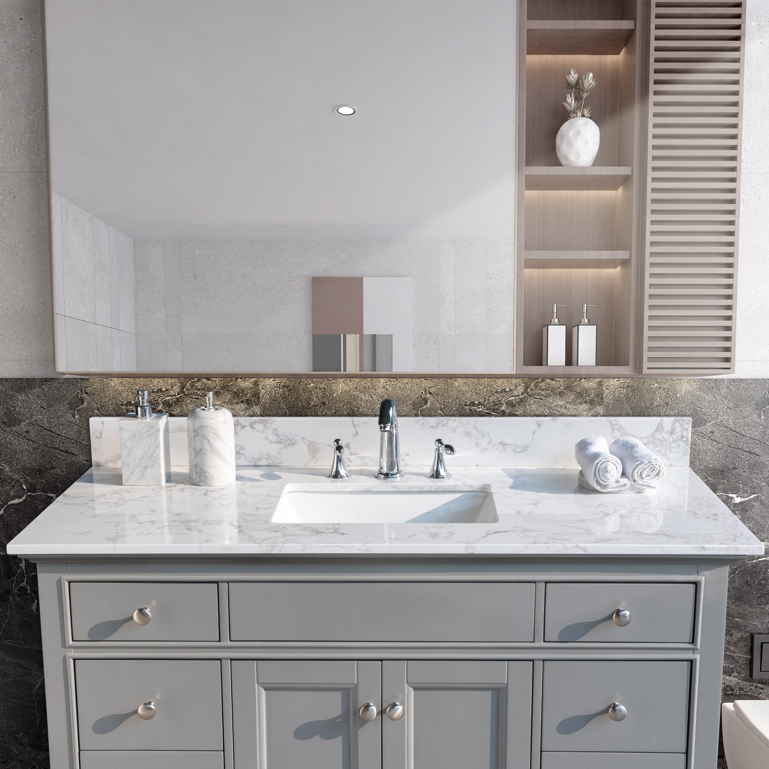 Montary Carrara White Engineered Stone Vanity Top Side Backsplash - Elegant Marble Look Bathroom Accent