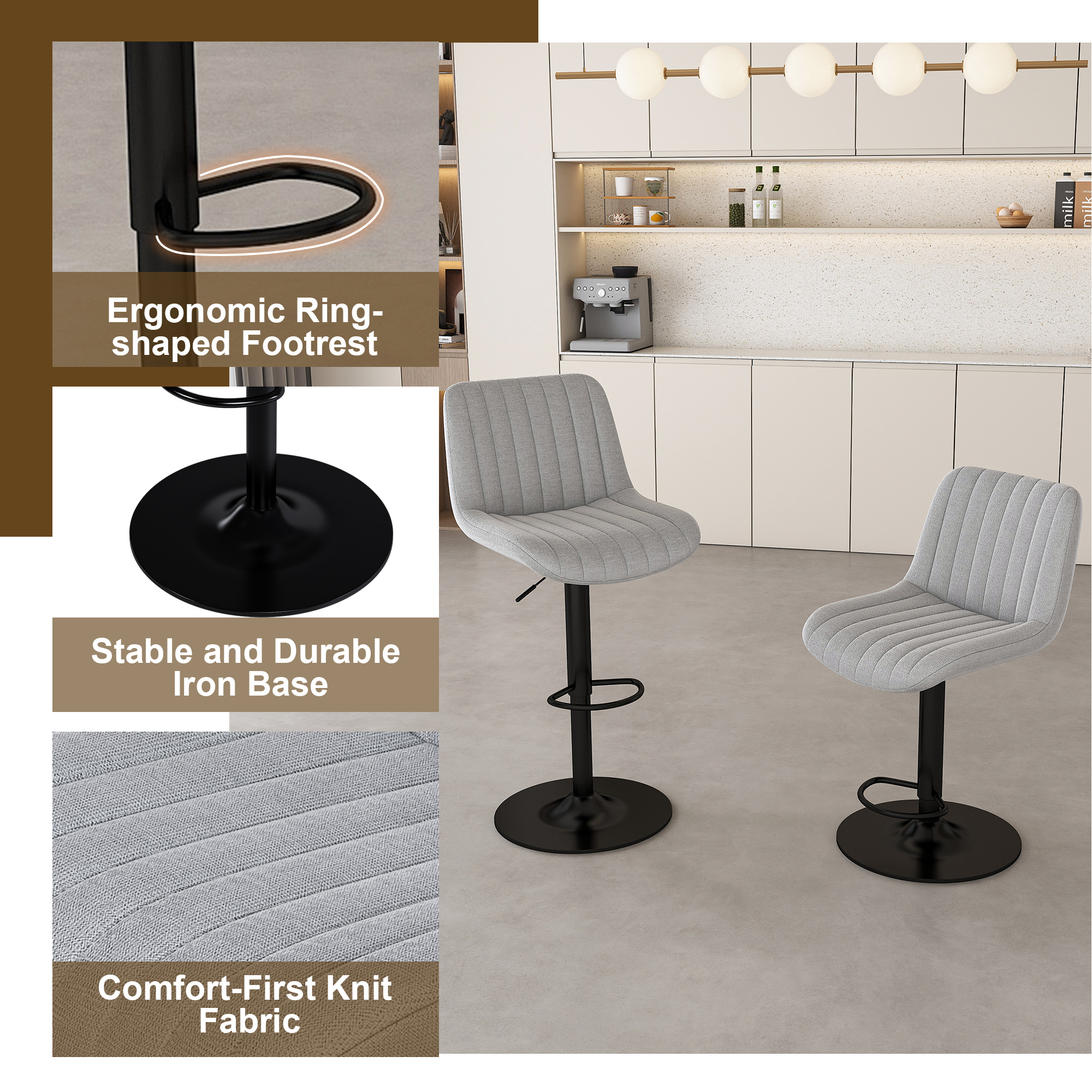 63" Modern Kitchen Island Set with LED Lighting & Marble Look - Walnut/Black Dining Table with 4 Gray Bar Stools