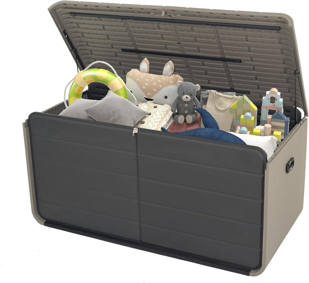 160 Gallon Large Resin Deck Box, Heavy-Duty Waterproof Outdoor Storage Chest with Hydraulic Lift & Lockable Lid for Patio Furniture, Pool Supplies & Garden Tools