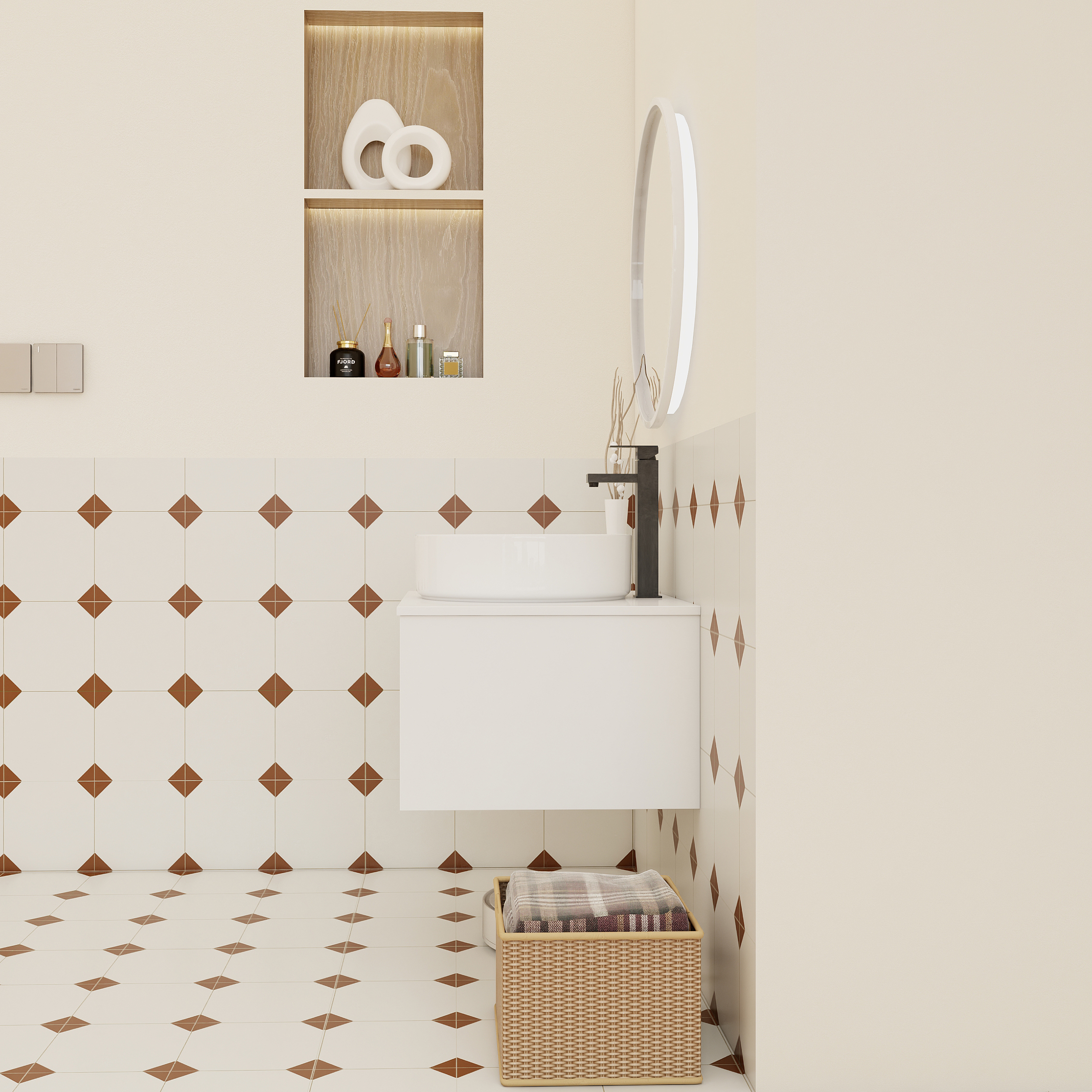 24" Modern Floating Bathroom Vanity with Glossy White Vessel Sink - Wall-Mounted Open Shelf Storage, Space-Saving Plywood Cabinet for Small Powder Rooms
