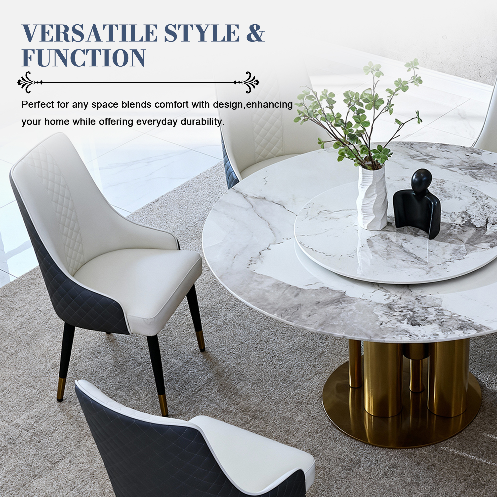 59" Round Dining Table Set with 360° Rotating Lazy Susan, Sintered Stone Top & Gold Base, Modern Luxury Kitchen Furniture for 4-6 People
