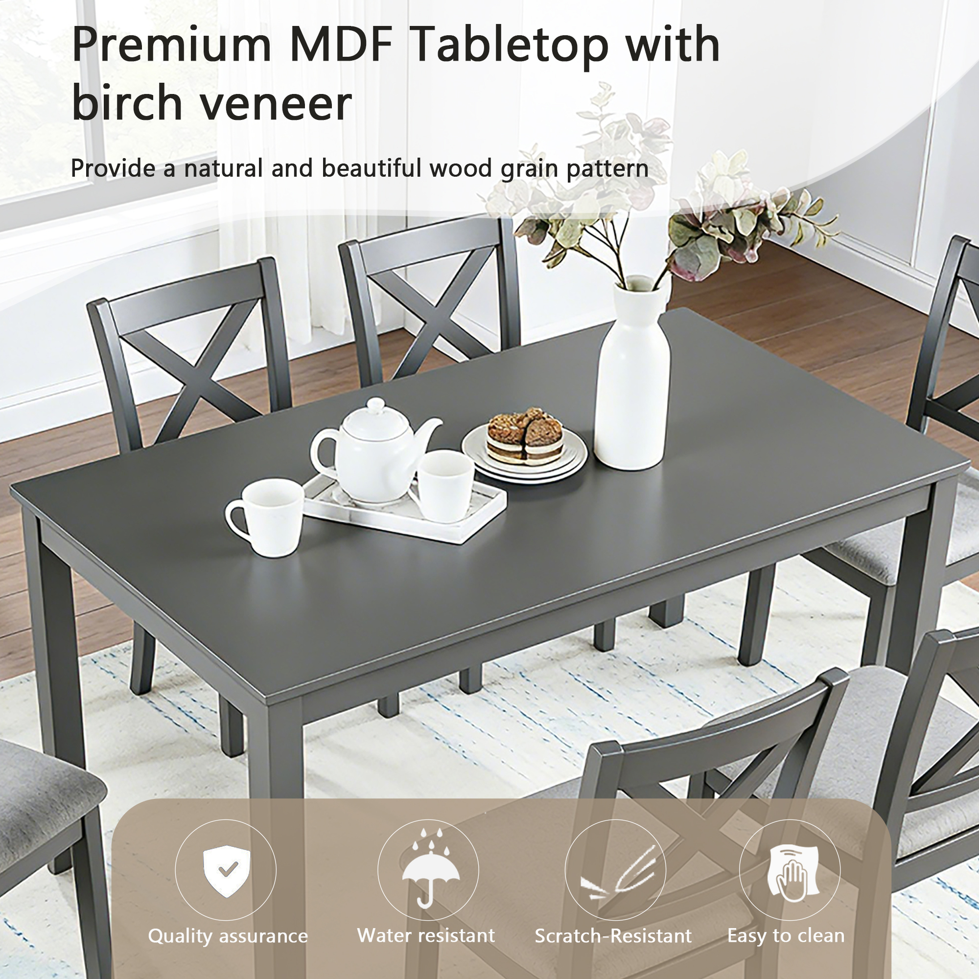 7-Piece Solid Wood Dining Set, Modern Grey Kitchen Table with 6 Upholstered X-Back Chairs