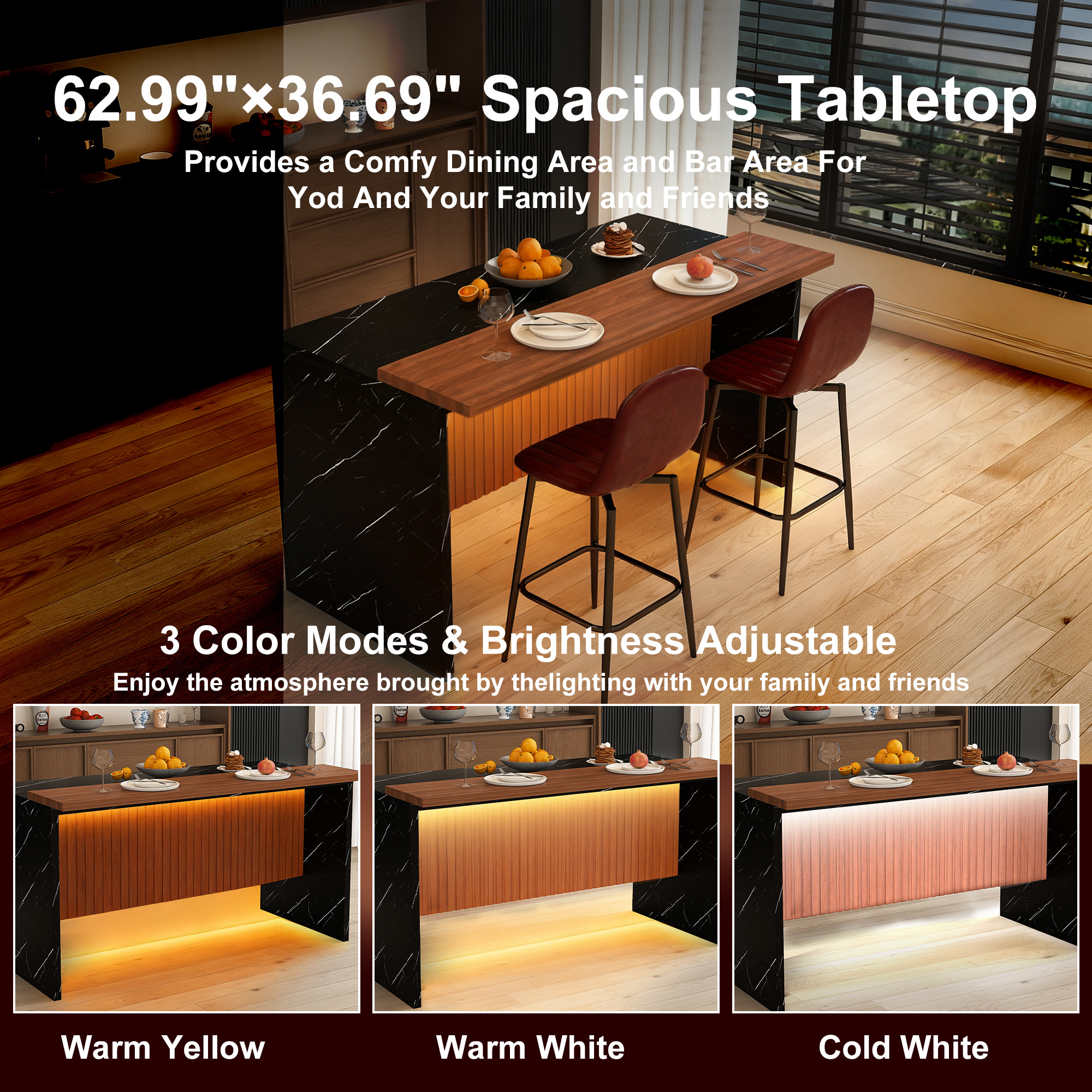 63-Inch Modern Kitchen Island Set with LED Lighting & 2 Bar Stools - Black Marble Look Dining Table for Open Concept Spaces