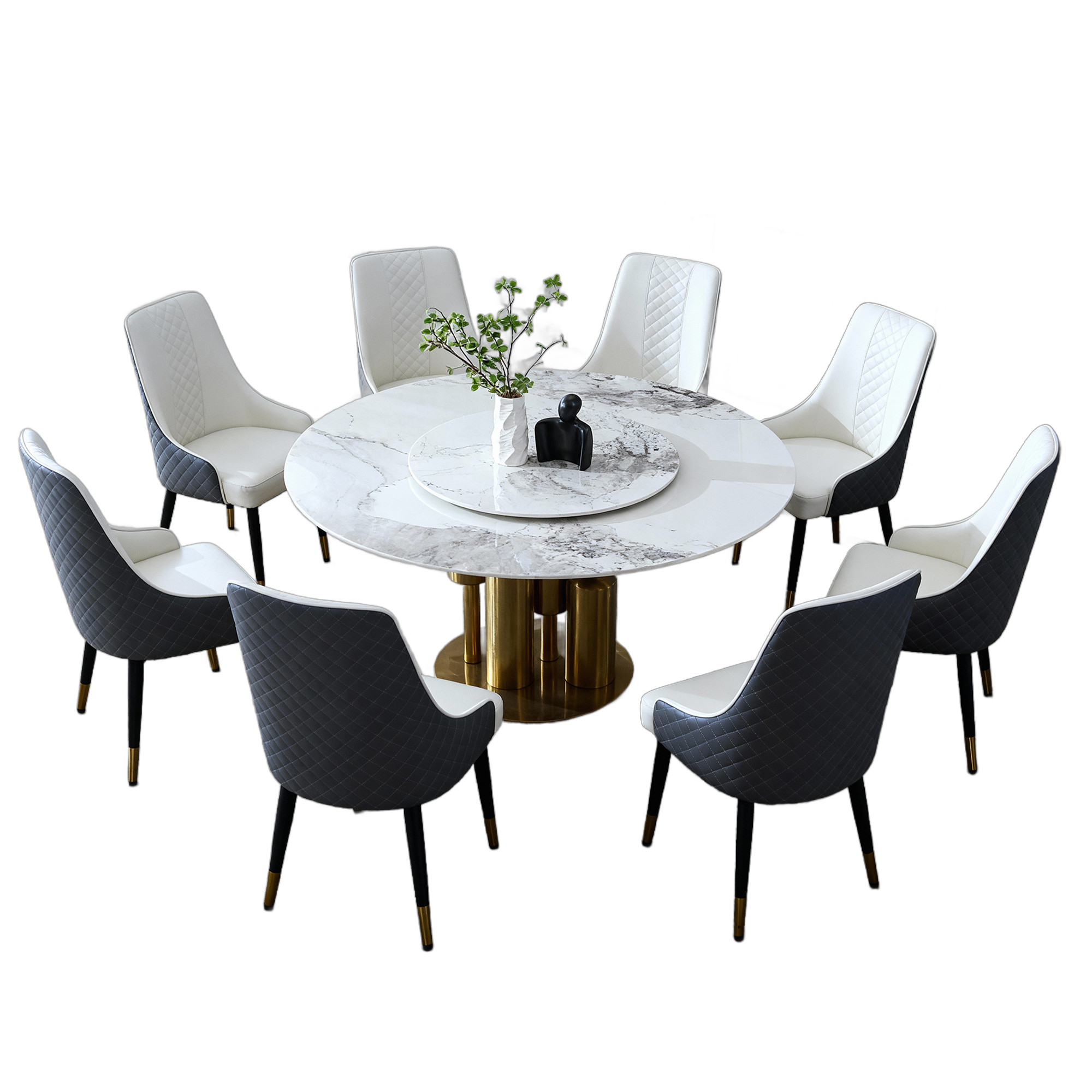 59" Round Dining Table Set with 360° Rotating Lazy Susan & 8 Chairs, Sintered Stone Top, Luxury Modern Kitchen Furniture