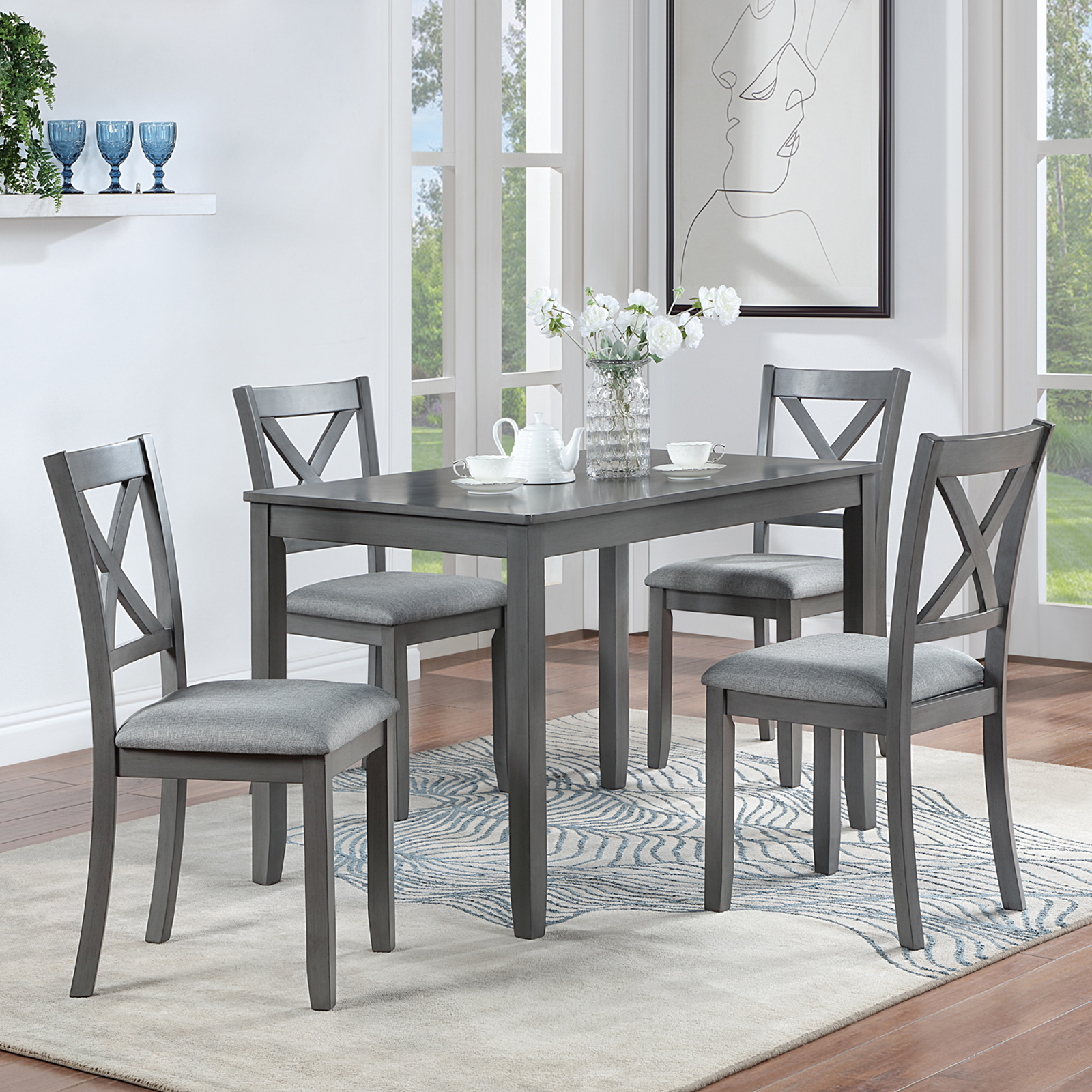 5-Piece Gray Acacia Wood Dining Set for 4 - Modern Rectangular Kitchen Table & Chairs