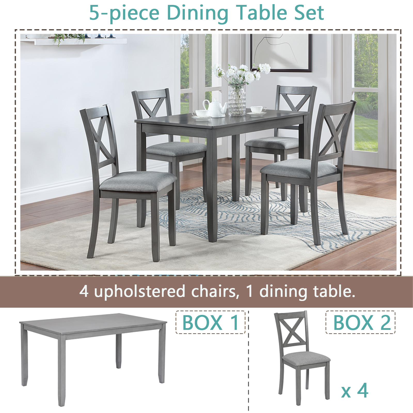 5-Piece Gray Acacia Wood Dining Set for 4 - Modern Rectangular Kitchen Table & Chairs