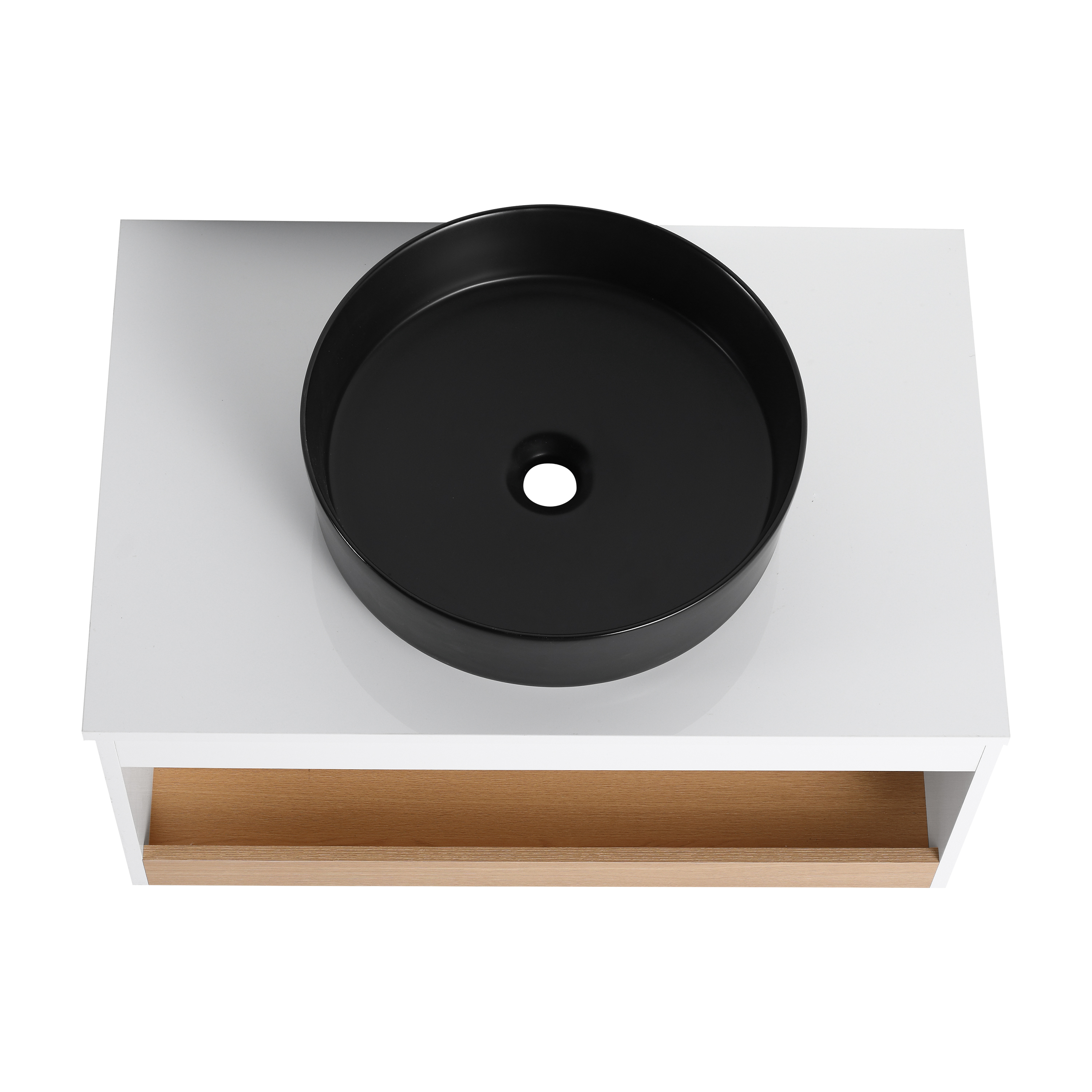 30" Modern Floating Bathroom Vanity with Matte Black Round Vessel Sink, White & Light Oak Wall-Mounted Cabinet with Open Storage