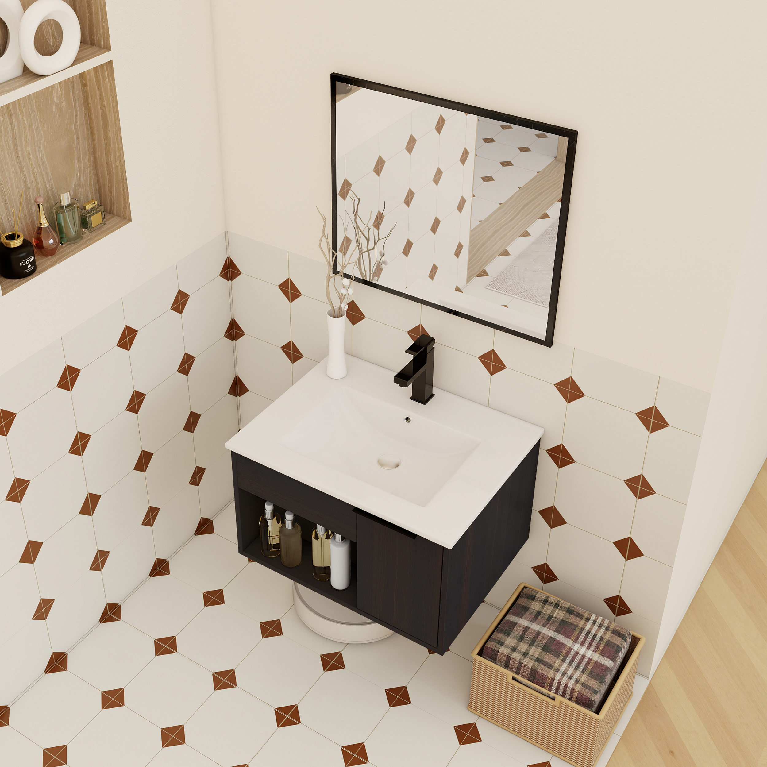 24" Wall-Mounted Floating Bathroom Vanity with Ceramic Sink - Modern Dark Oak Engineered Wood Cabinet, Space-Saving Design for Small Bathrooms