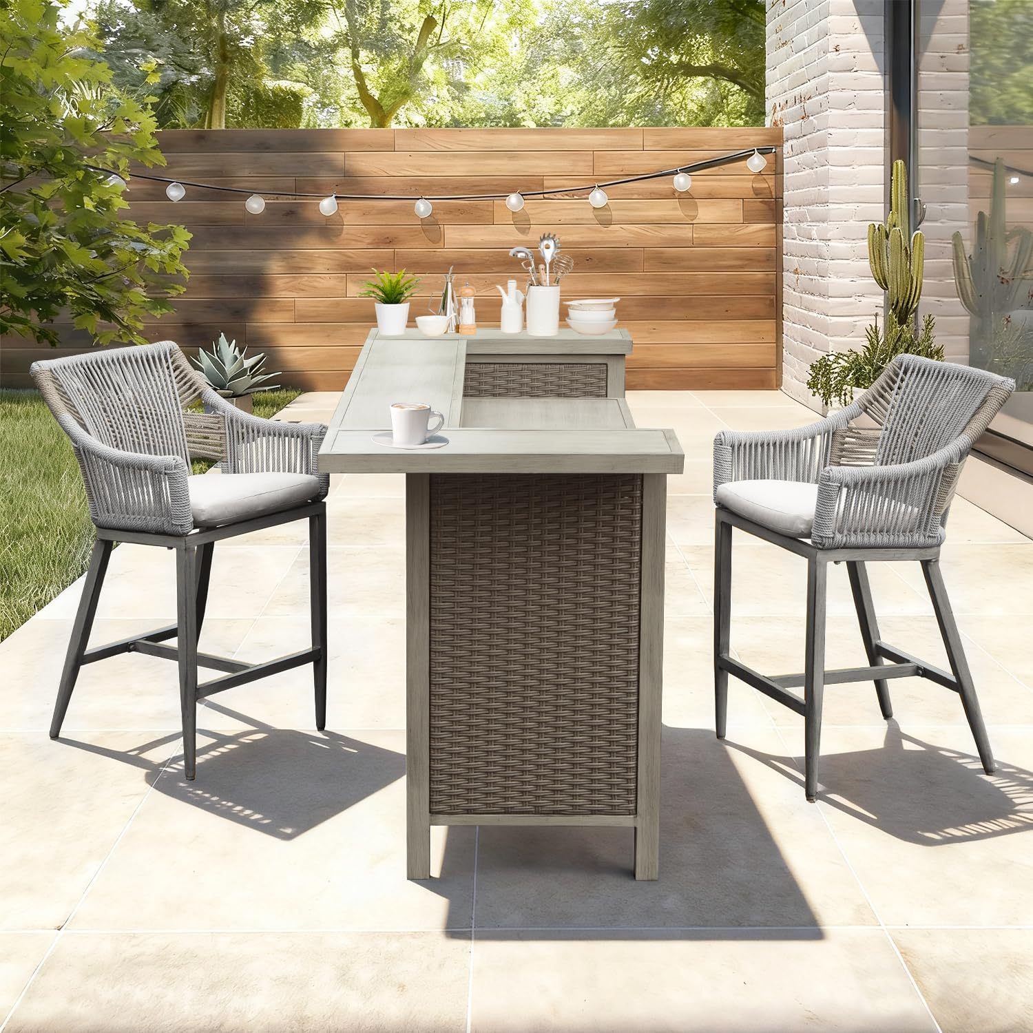 3-Piece Outdoor Bar Set with Propane Tank Holder, All-Weather Wicker Patio Bar Table & 2 Counter Height Stools, Gray Aluminum Farmhouse Kitchen Island for Garden and Deck