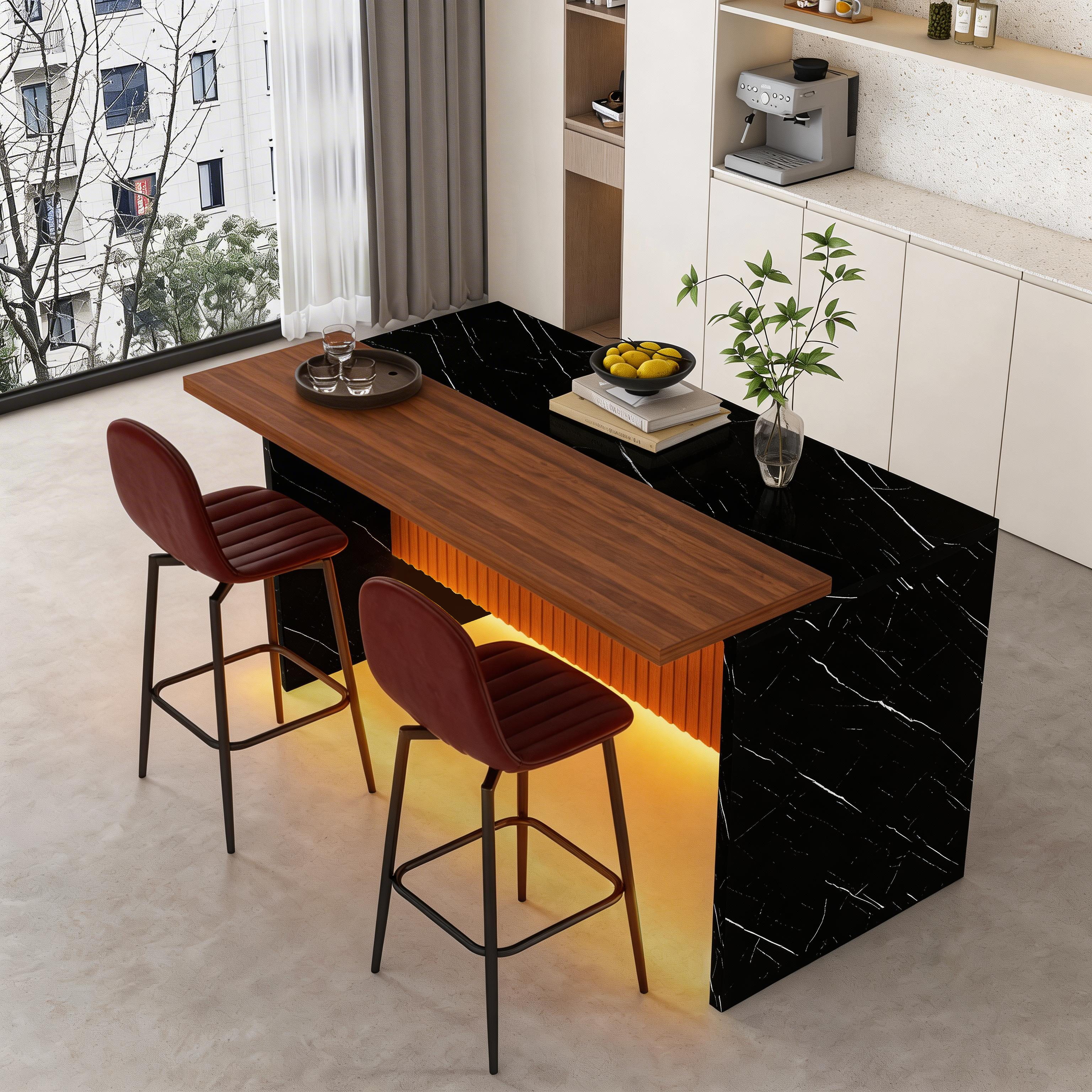 63-Inch Modern Kitchen Island Set with LED Lighting & 2 Bar Stools - Black Marble Look Dining Table for Open Concept Spaces