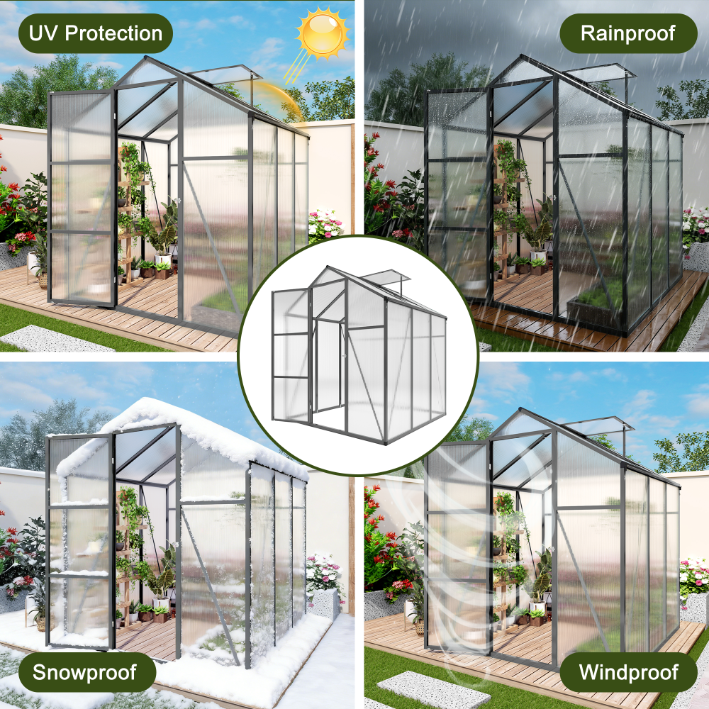 6x6FT Walk-in Outdoor Greenhouse - Heavy Duty Aluminum Frame Polycarbonate Garden House with Adjustable Vents & UV Protection for Backyard