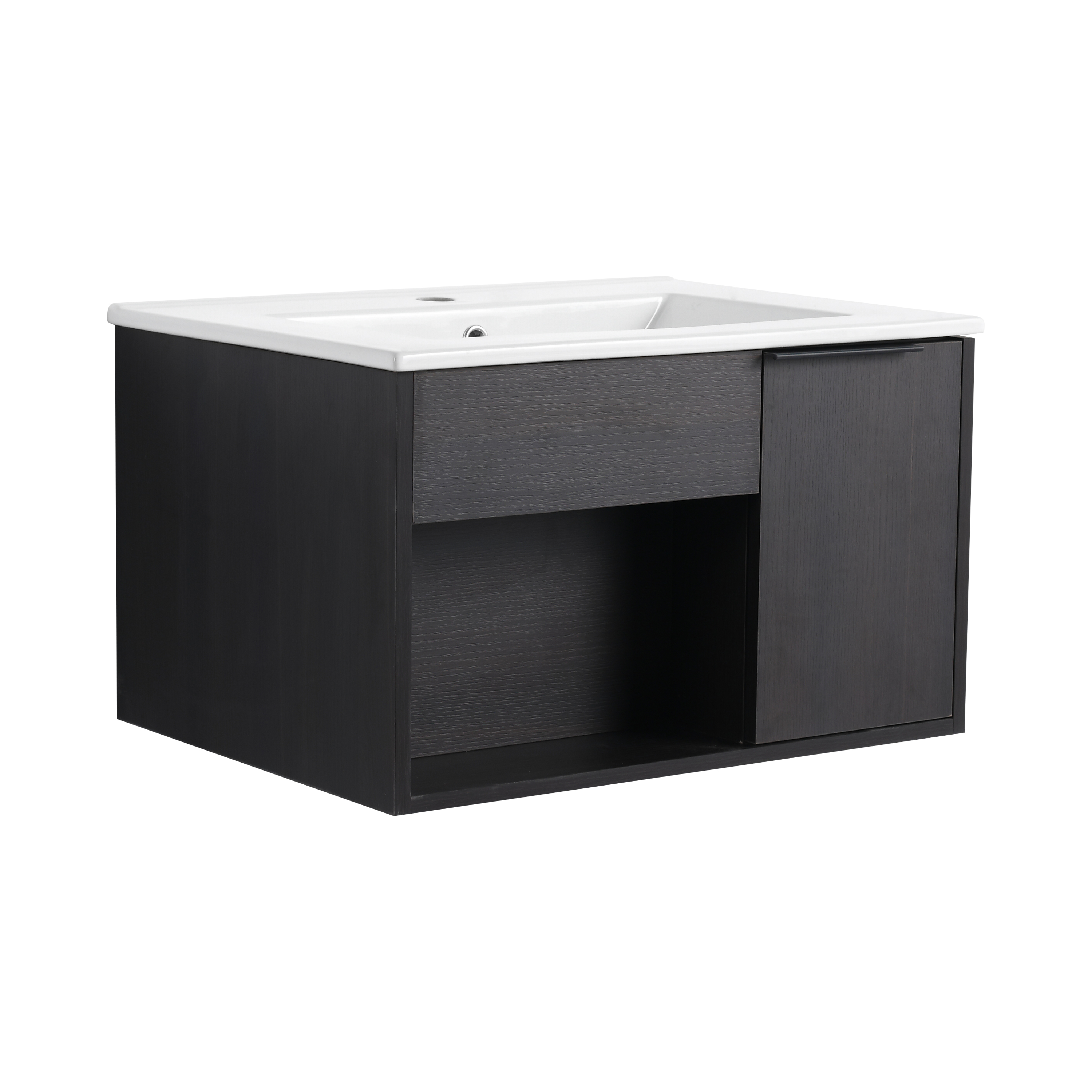 24" Wall-Mounted Floating Bathroom Vanity with Ceramic Sink - Modern Dark Oak Engineered Wood Cabinet, Space-Saving Design for Small Bathrooms