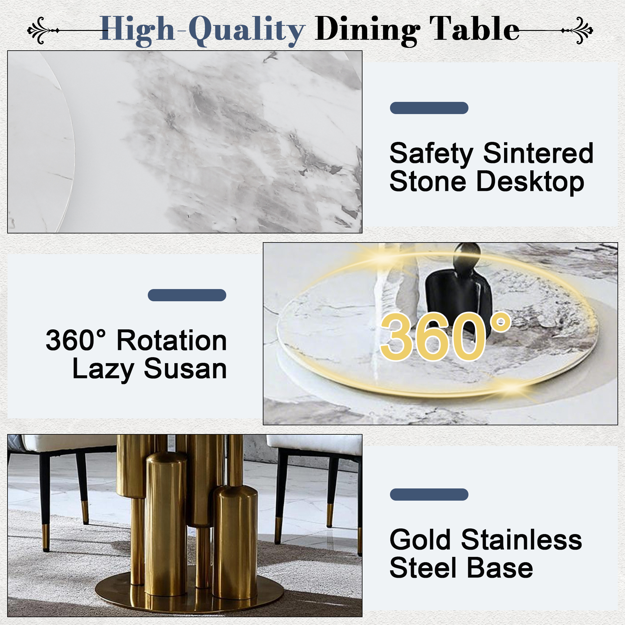 59" Round Dining Table Set with 360° Rotating Lazy Susan & 8 Chairs, Sintered Stone Top, Luxury Modern Kitchen Furniture