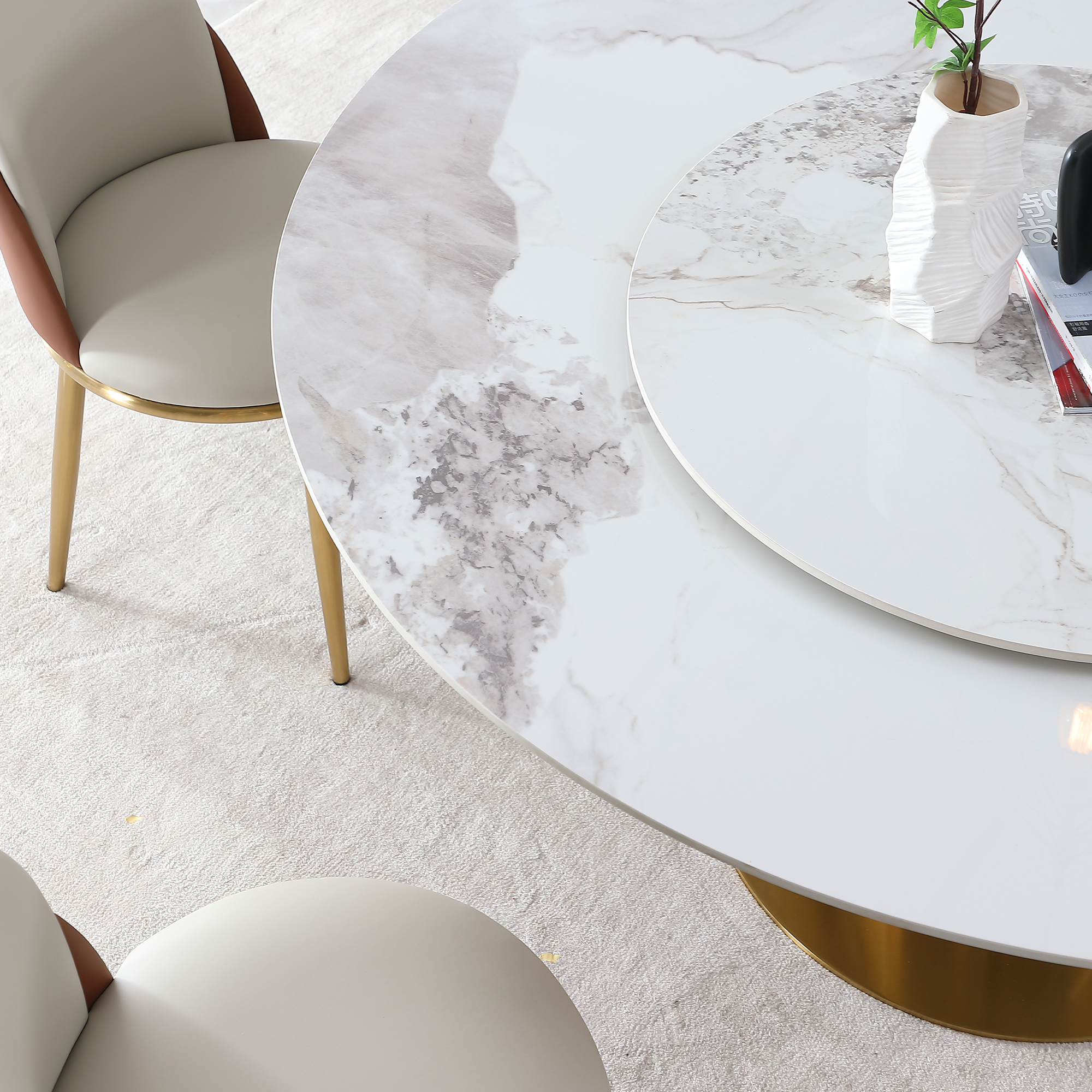 59" Round Sintered Stone Dining Table Set with Lazy Susan, Luxury Gold Pedestal Base & 4 Modern Chairs