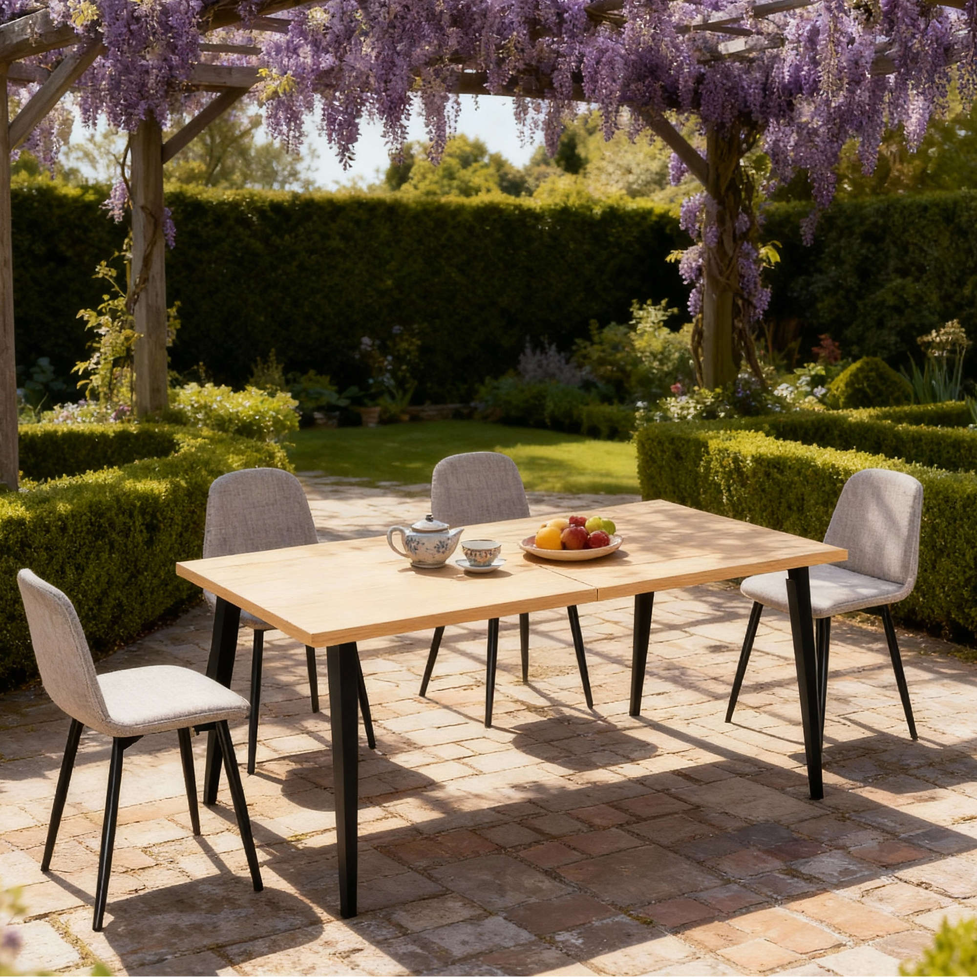 63-Inch Farmhouse Industrial Dining Table Set with 4 Beige Chairs, Rust-Resistant Iron Legs & Rectangular Kitchen Table for Dining Room