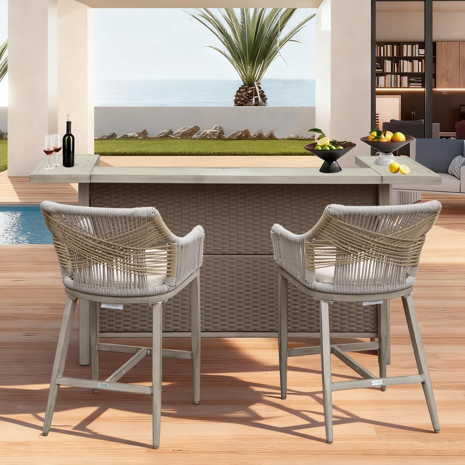 3-Piece Outdoor Bar Set with Propane Tank Holder, All-Weather Wicker Patio Bar Table & 2 Counter Height Stools, Gray Aluminum Farmhouse Kitchen Island for Garden and Deck