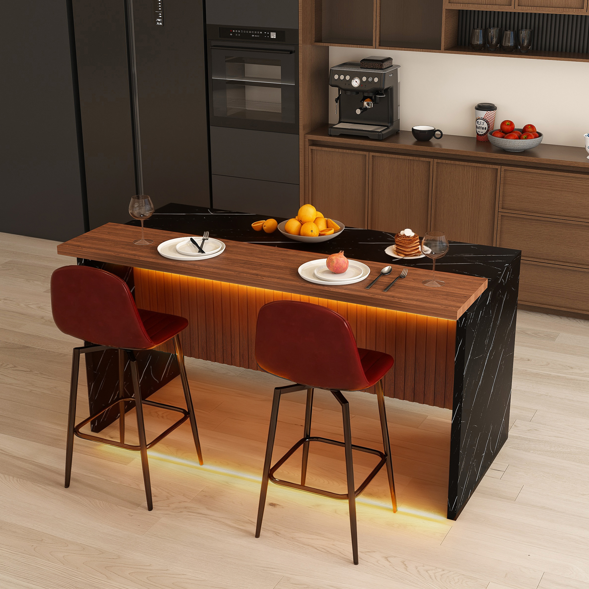 63-Inch Modern Kitchen Island Set with LED Lighting & 2 Bar Stools - Black Marble Look Dining Table for Open Concept Spaces