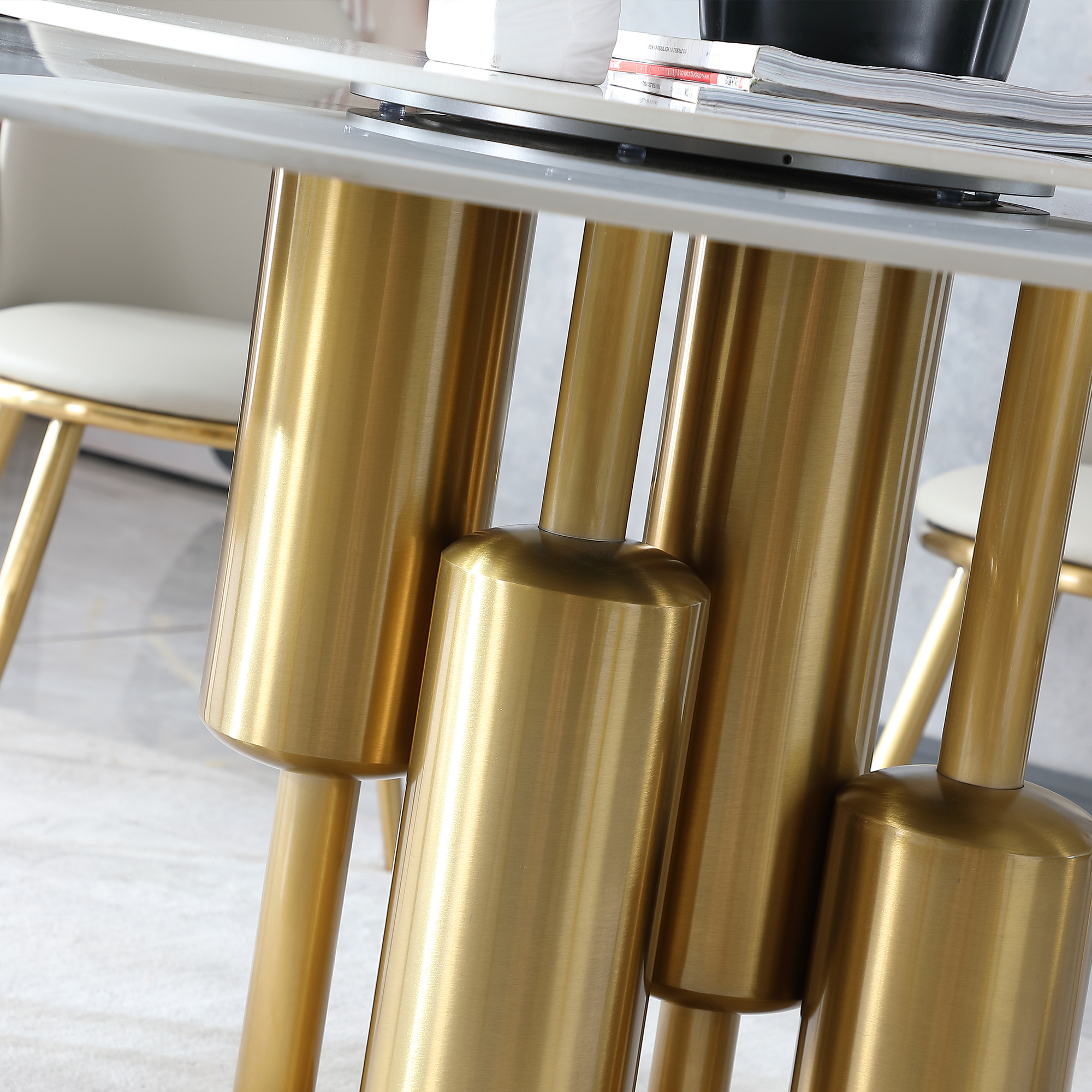 59" Round Sintered Stone Dining Table Set with Lazy Susan, Luxury Gold Pedestal Base & 4 Modern Chairs
