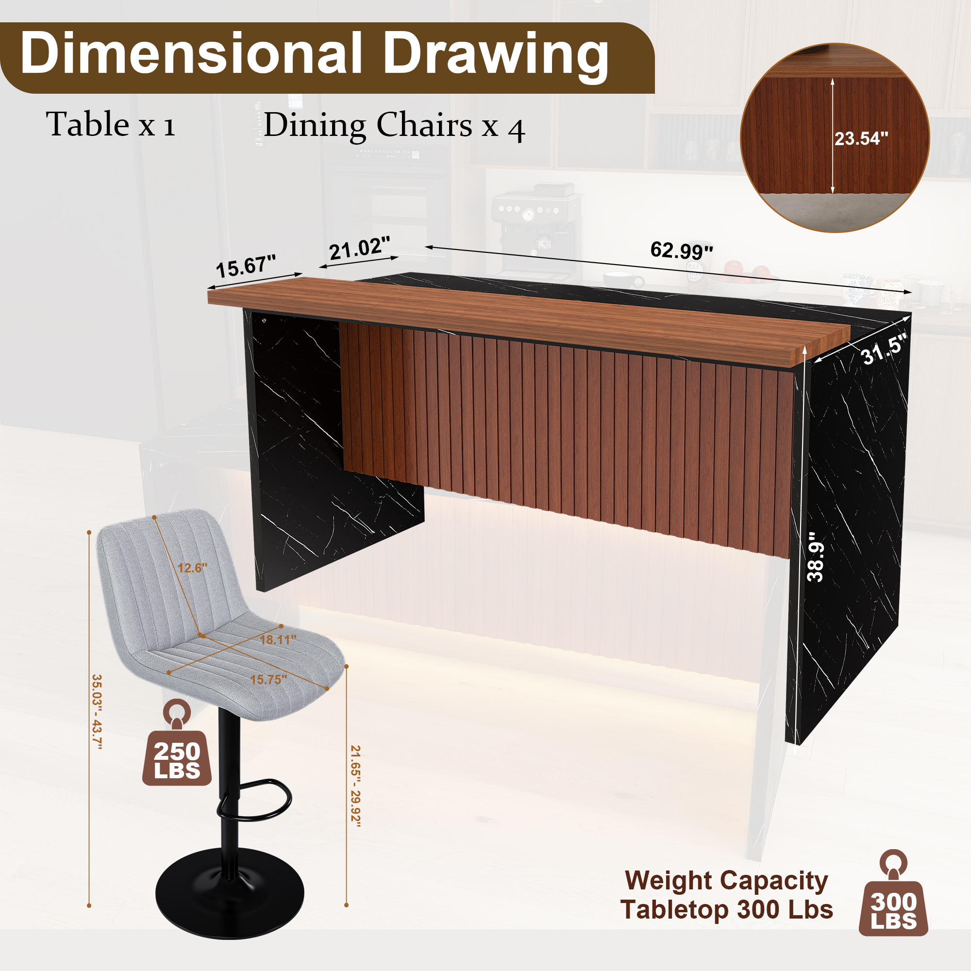 63" Modern Kitchen Island Set with LED Lighting & Marble Look - Walnut/Black Dining Table with 4 Gray Bar Stools