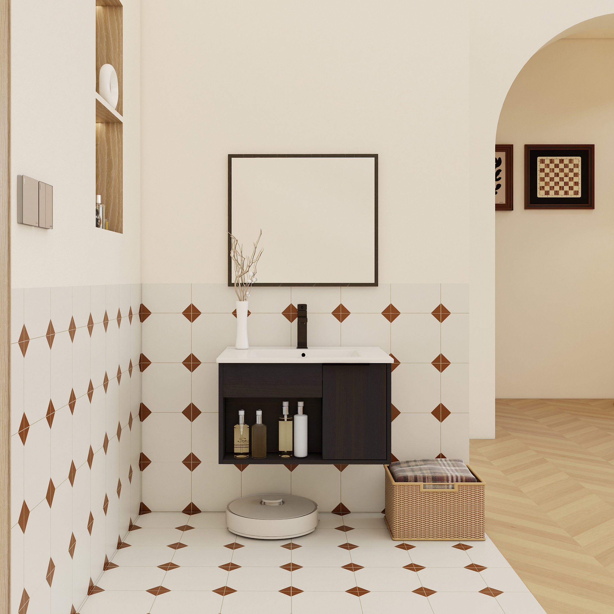 24" Wall-Mounted Floating Bathroom Vanity with Ceramic Sink - Modern Dark Oak Engineered Wood Cabinet, Space-Saving Design for Small Bathrooms