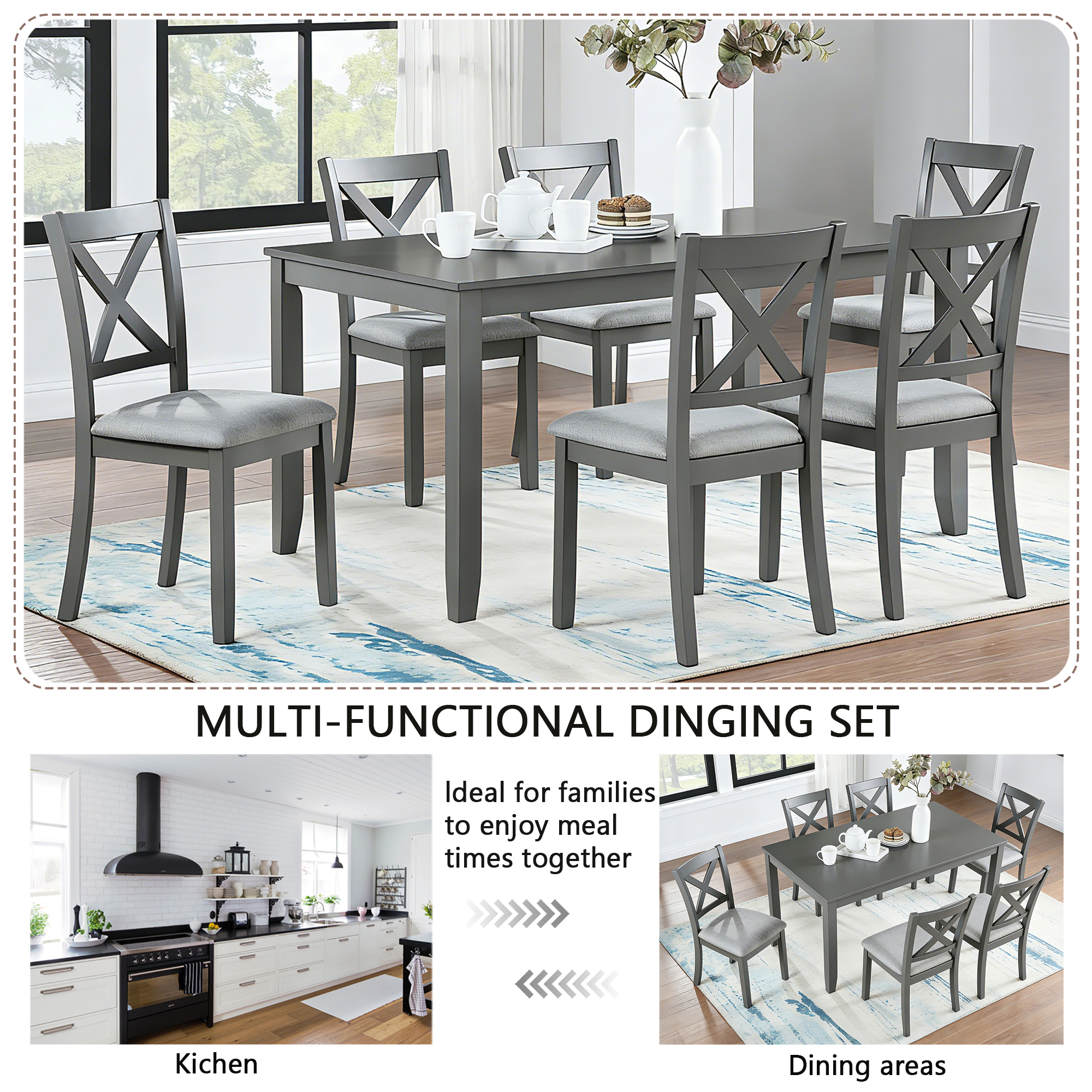 7-Piece Solid Wood Dining Set, Modern Grey Kitchen Table with 6 Upholstered X-Back Chairs