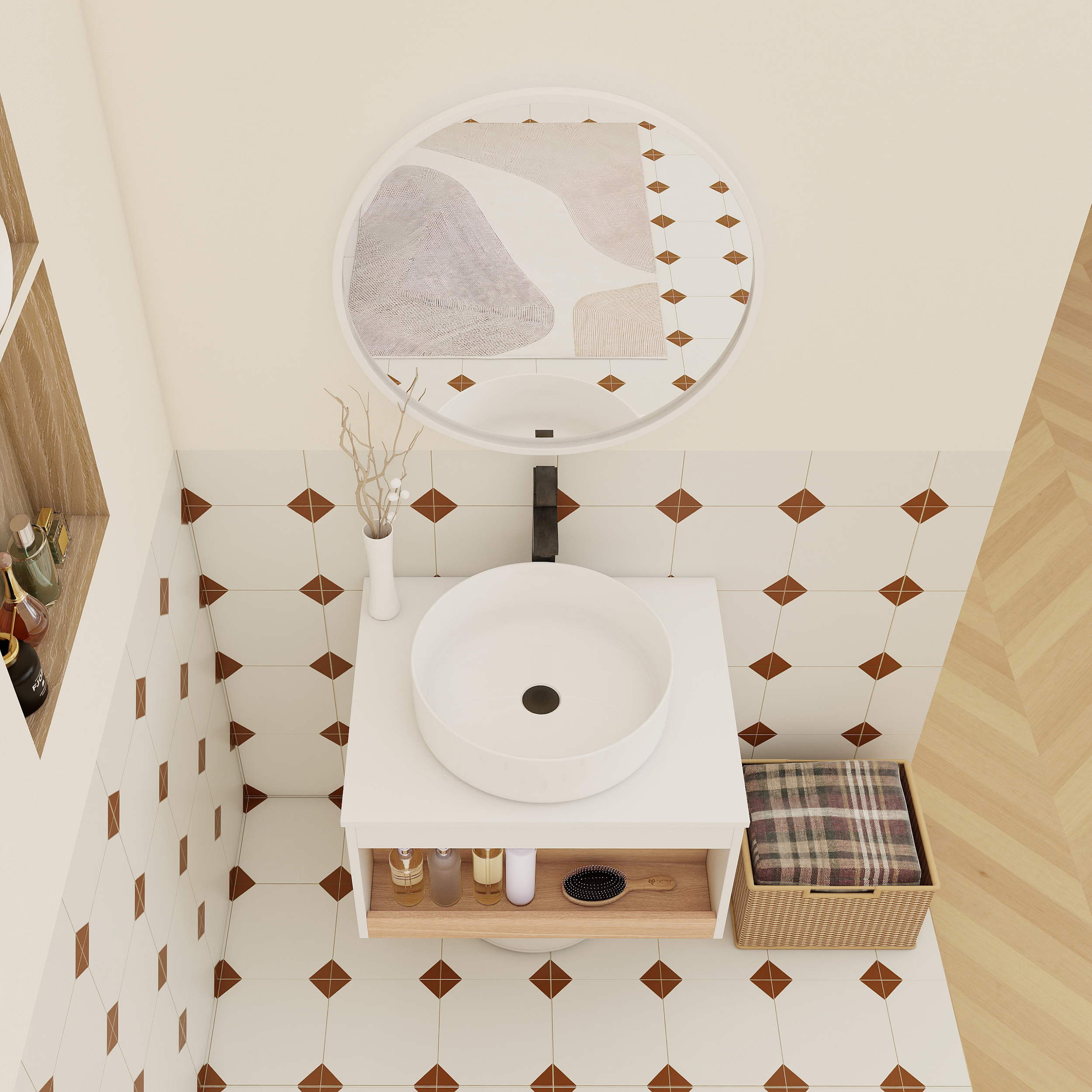 24" Modern Floating Bathroom Vanity with Glossy White Vessel Sink - Wall-Mounted Open Shelf Storage, Space-Saving Plywood Cabinet for Small Powder Rooms